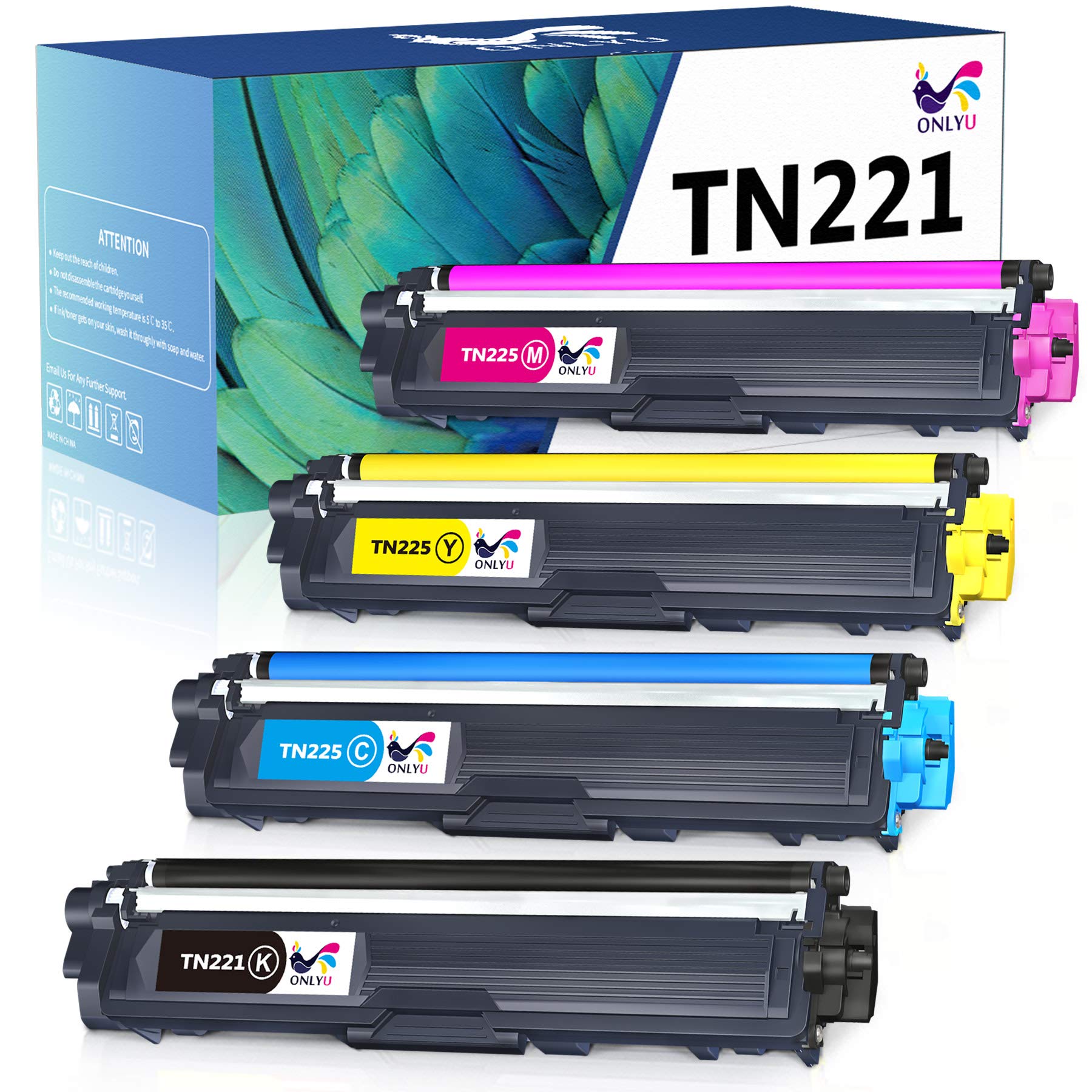 ONLYU Compatible Toner Cartridge Replacement for Brother TN221 TN225 Work with Brother HL-3170CDW MFC-9130CW MFC-9340CDW MFC-9330CDW HL-3140CW HL-3180CDW Printer (1 Black, 1 Cyan, 1 Magenta, 1 Yellow)