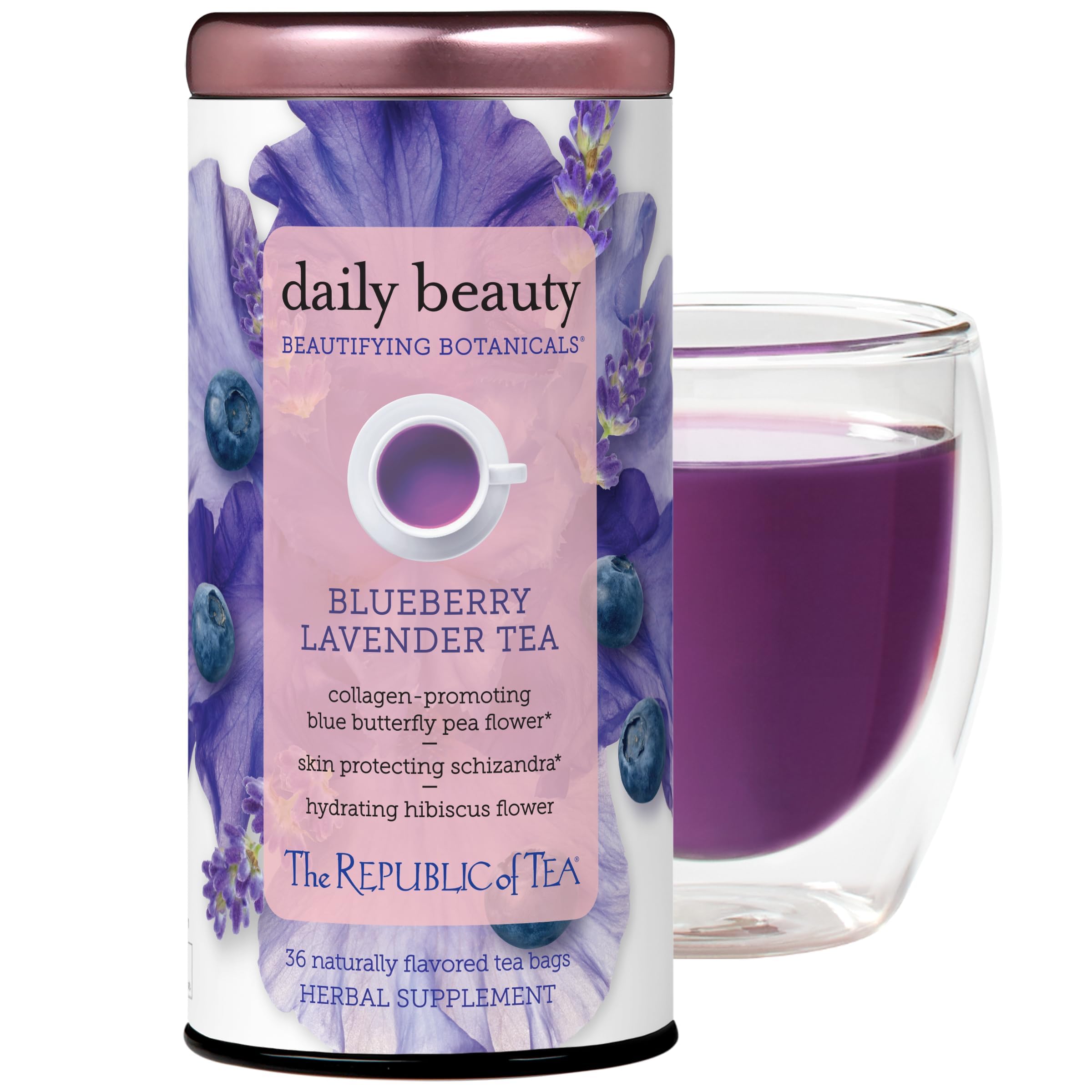 The Republic of Tea Beautifying Botanicals Daily Beauty Herbal Tea, 36 Ct | Caffeine Free. Suitable for day or evening sipping. Bright and tart with notes of soft florals. Gluten Free and Kosher.