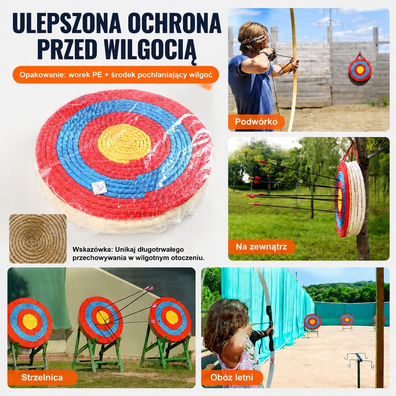 Ręcznie wykonana okrągła tarcza łucznicza ze słomy z czerwonymi niebieskimi żółtymi pierścieniami do treningu