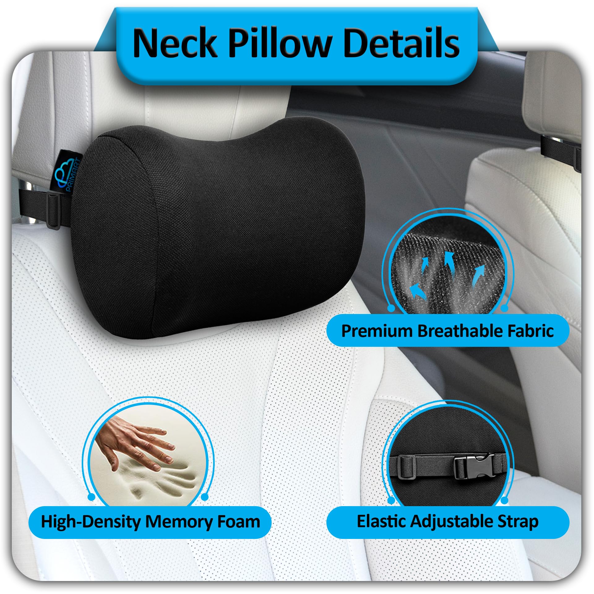 2 Pack Car Neck Pillow, 100% Memory Foam Car Headrest Pillow for Neck Support, Breathable Removable Cover & Adjustable Strap, Ergonomic Design for Driving Comfort, Neck Pain Relief, Travel 2