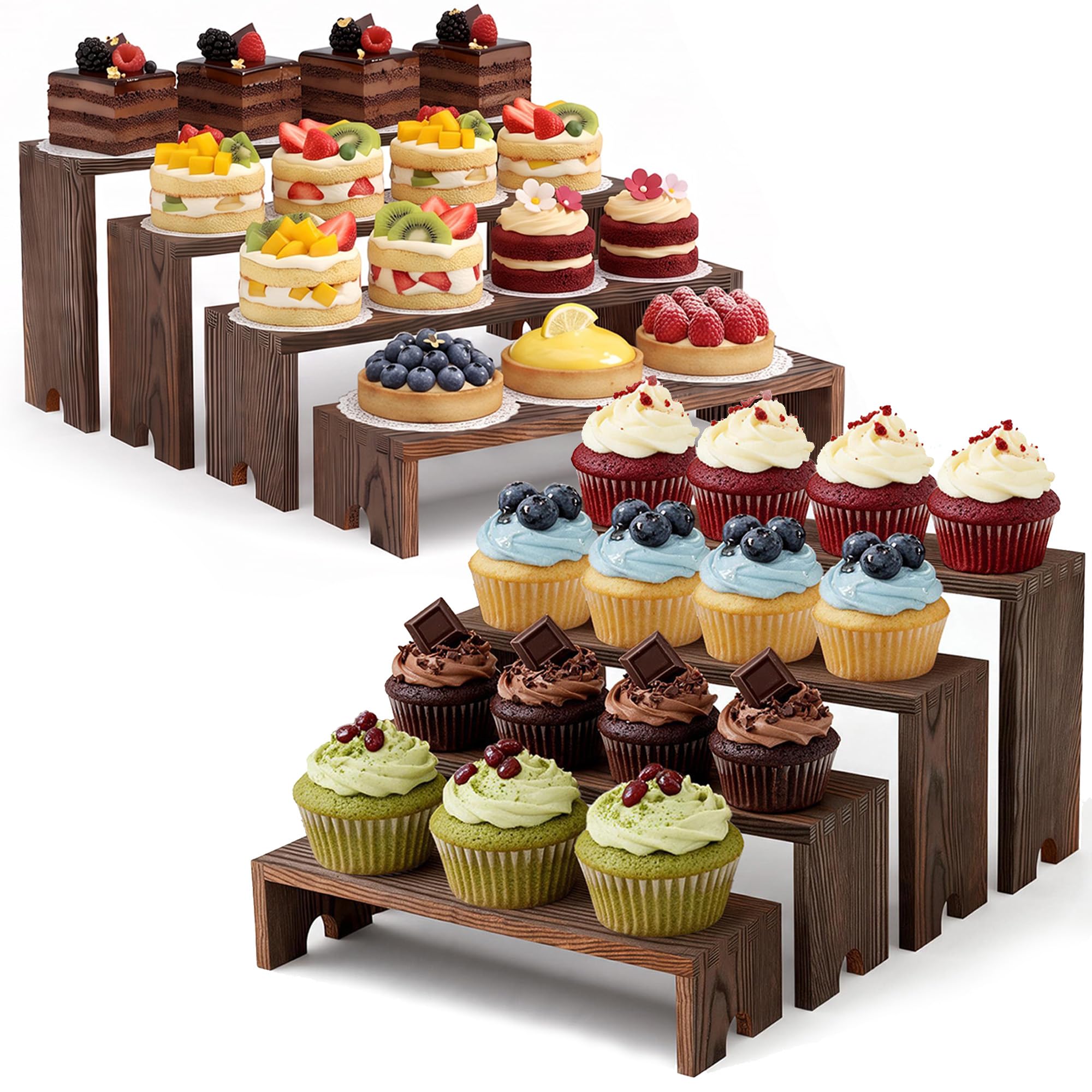 2 Set Wooden Cupcake Stand for Decor, 4 Tiered Display Risers