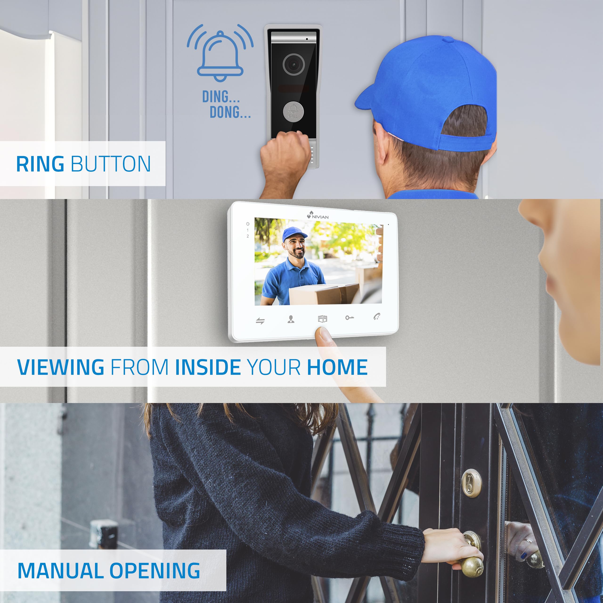 NIVIAN Videoportero 2 Hilos Analógico con Monitor 7” HQ Pantalla Interior con Audio Bidireccional | Placa Exterior IP65 Antivandálica con Visión Nocturna, Abrepuertas Eléctrico. Smart Security
