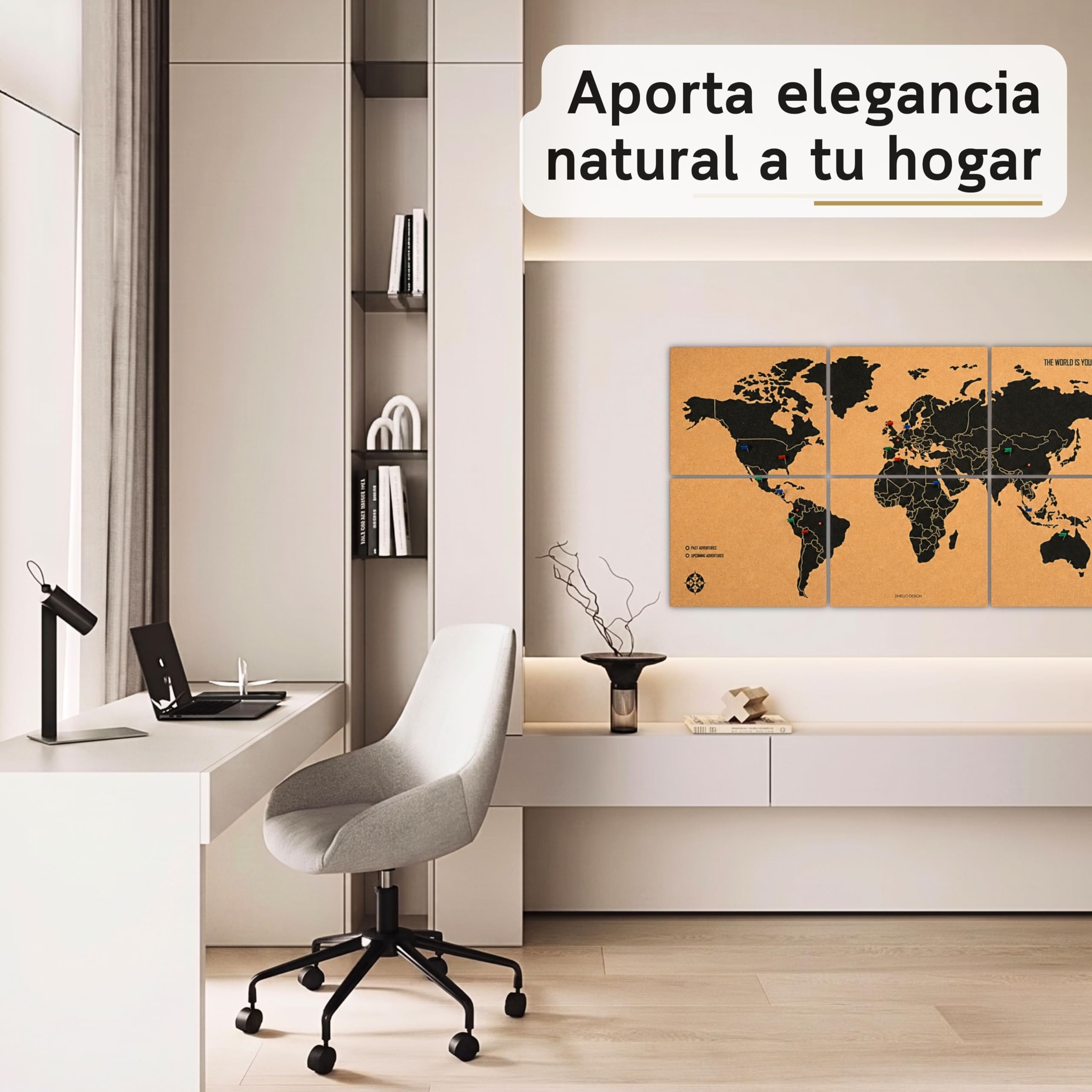 Mapa Mundi Corcho Pared XXL 120x60 cm – 6 Paneles Autoadhesivos – Mapa para Marcar Viajes con Chinchetas – 60 Chinchetas Incluidas – Decoración Hogar