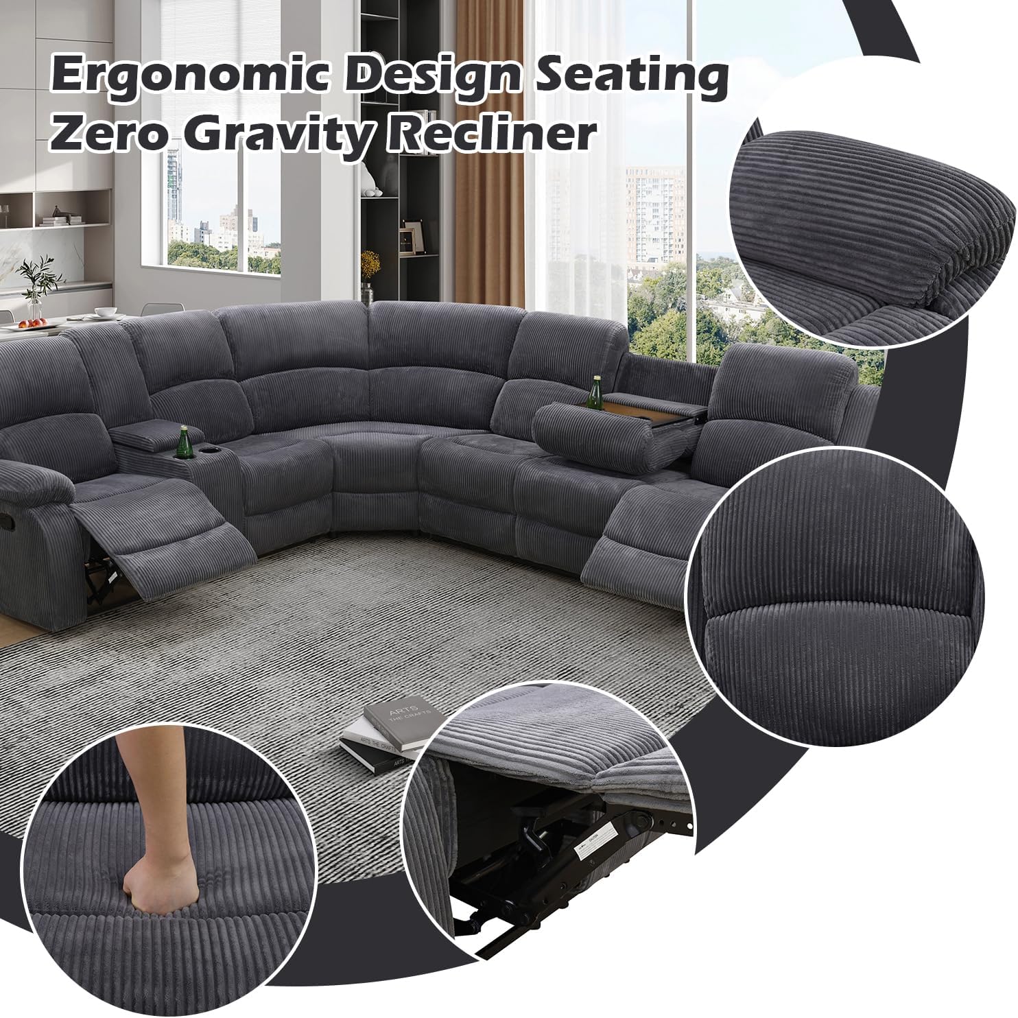 Manual Recliner Sectional Sofa for Living Room,L Shaped Reclining Sectional Corner Couch,Gray Corduroy Recliner Sofa Set with Storage Console/Drop Down Coffee Table/Cup Holders