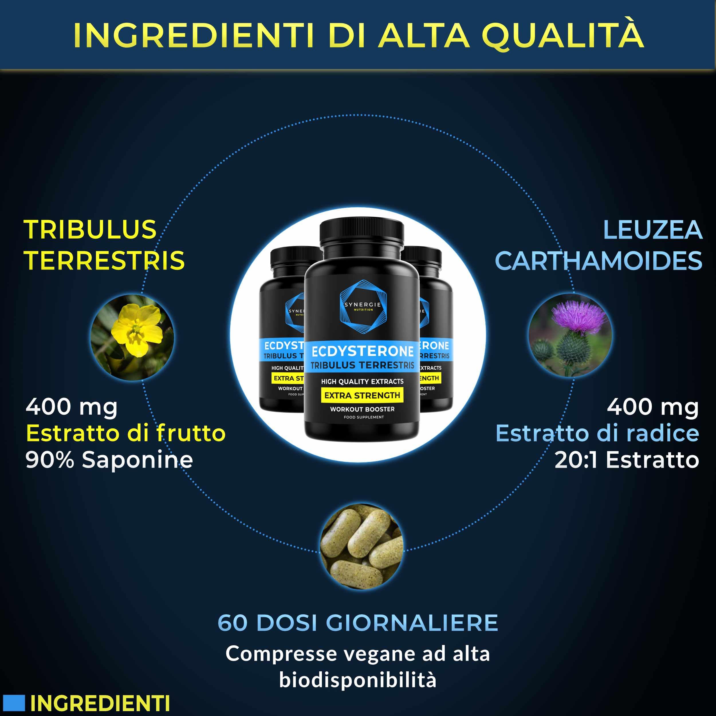 Ecdisterone - Tribulus Terrestris - Integratore alimentare di Synergie Nutrition con estratto di Tribulus 90% saponine (400 mg) e Leuzea Carthamoides 20:1 (400 mg) - 60 dosi