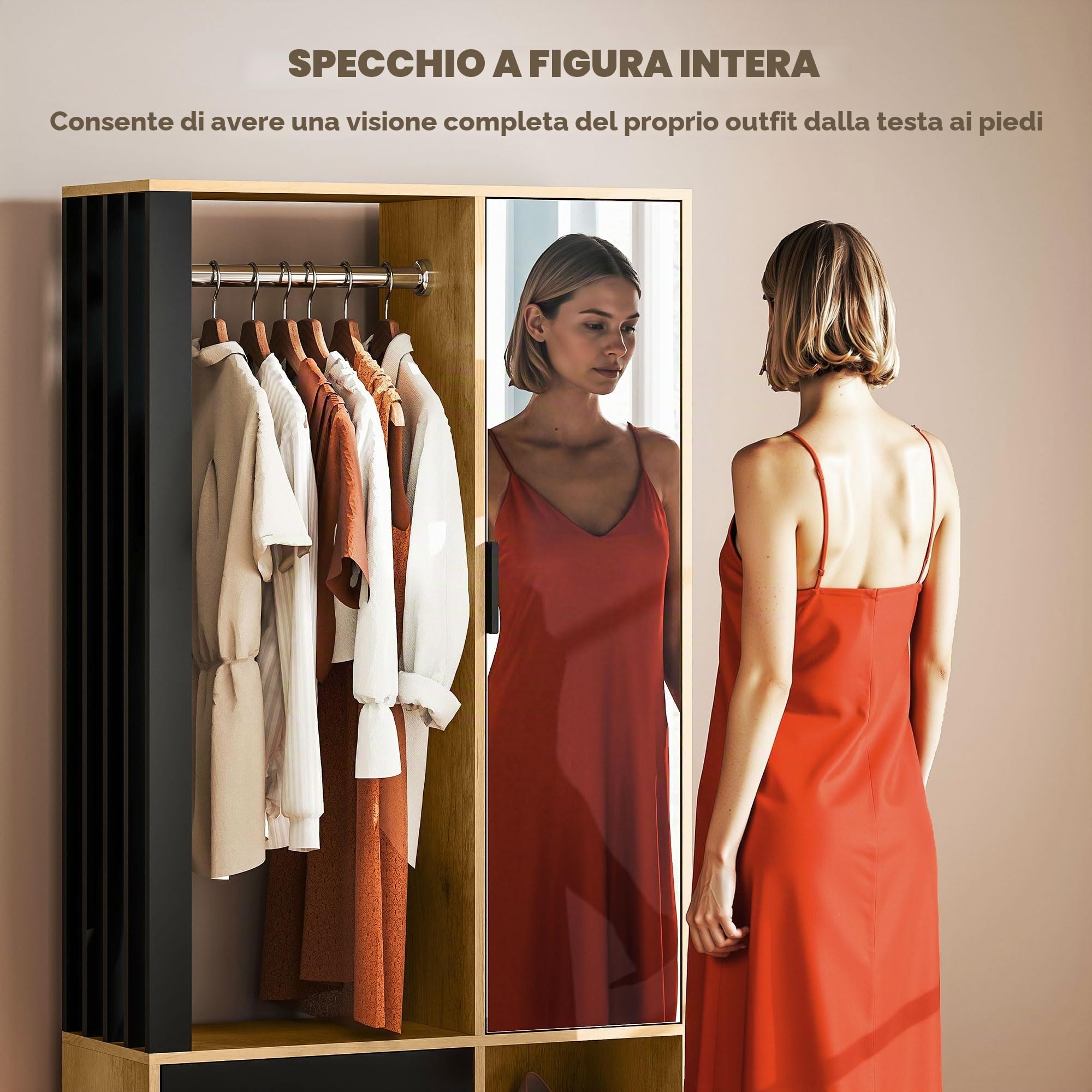 HOMCOM Armadio con Specchio 80x30x170cm Legno Naturale