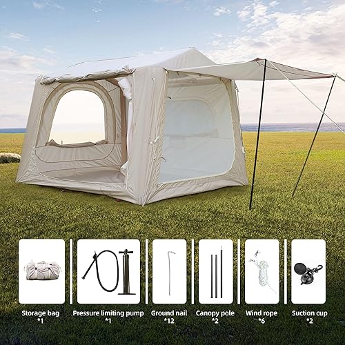 Miniatura 7 de Tiendas inflables para acampar con toldo, tienda de campaña inflable con bomba de mano, tienda inflable de fácil instalación para 4 estaciones para