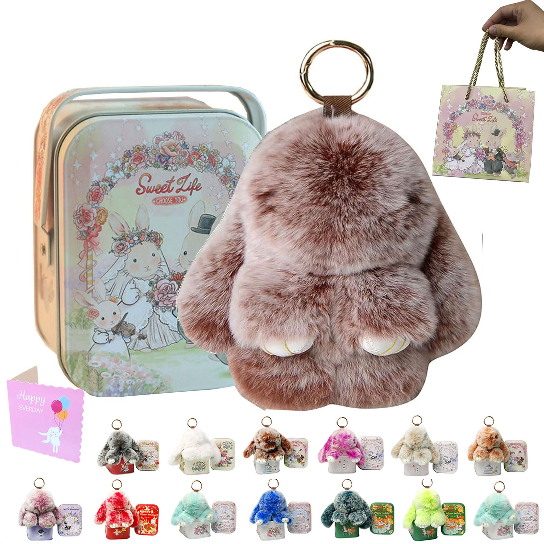 MINGRI Soft Bunny Keychain with Tin,Cute Easter Gift Plush Keychain for Backpack,Bag Charm Gift Key Chain