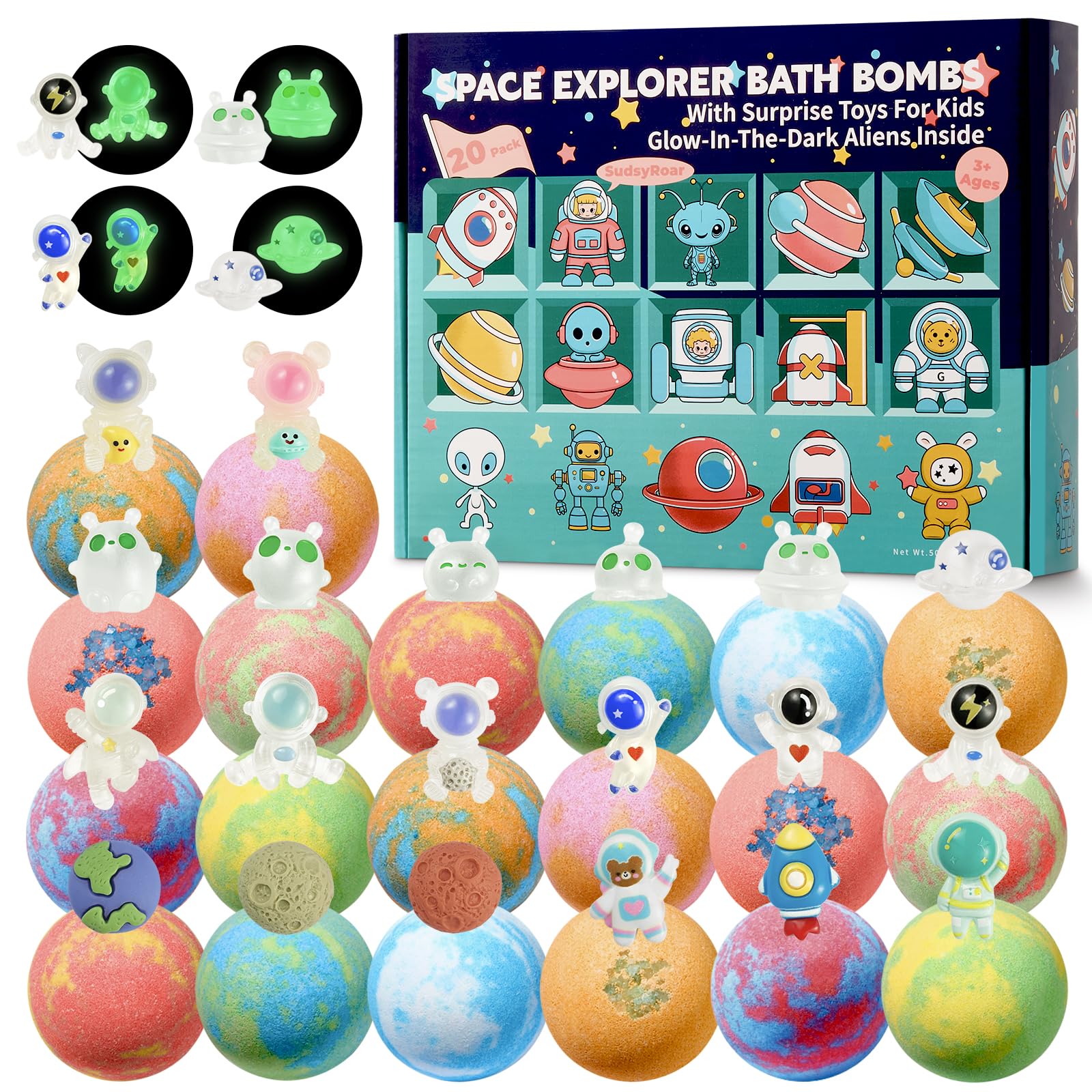 20 Pack Galaxy Bath Bombs for Kids with Space Explorer Toys, Cosmic Adventure Kids Bath Bombs with Astronauts, Rockets, Planets & Glow-in-The-Dark