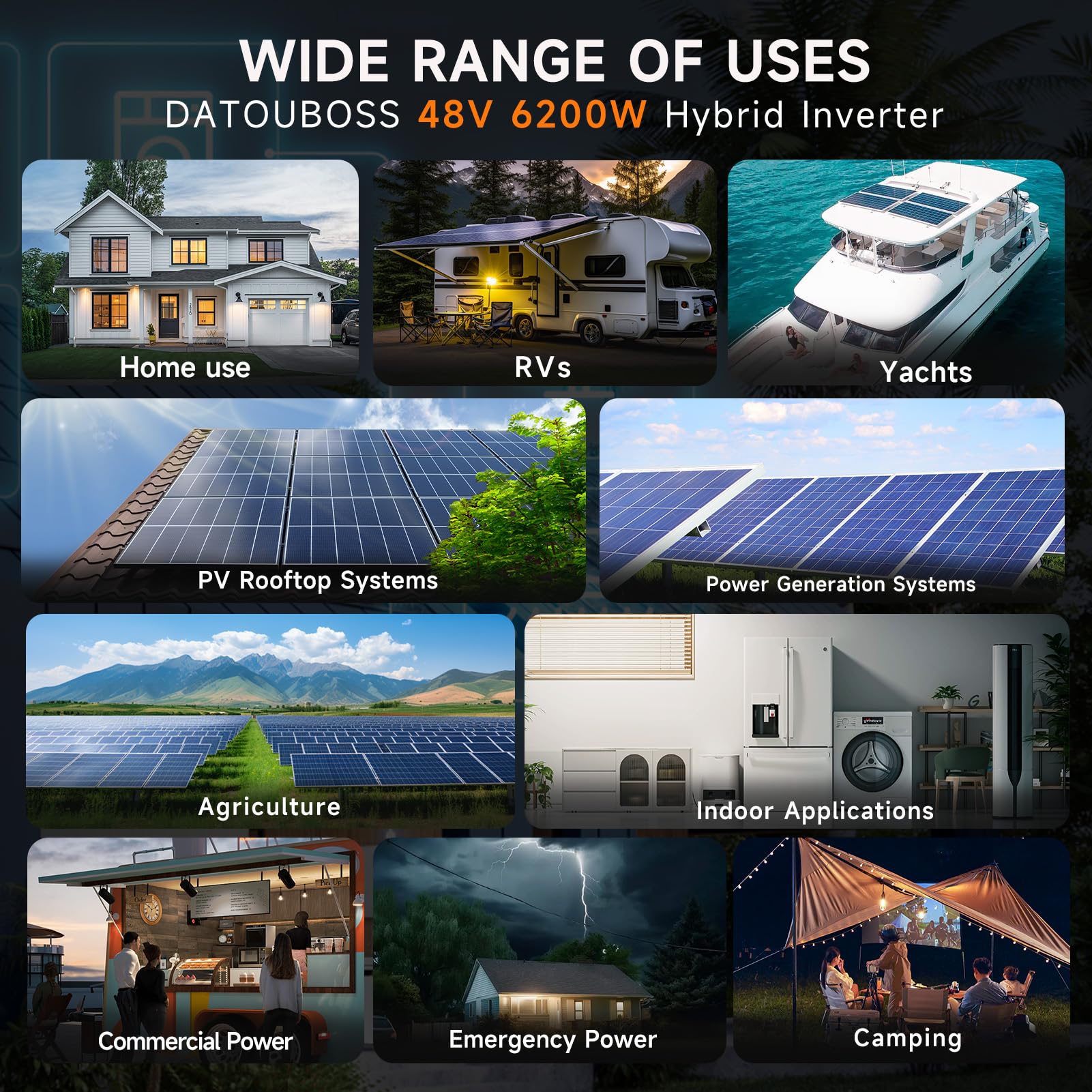 DATOUBOSS 6200W Solar Hybrid Wechselrichter 48VDC zu 230VAC Reiner Sinus Wechselrichter mit 120A MPPT, 8500W Photovoltaik-Eingang,Unterstützt batterielose, BMS-Schutzsystem, für 48V Lithium Batterien.