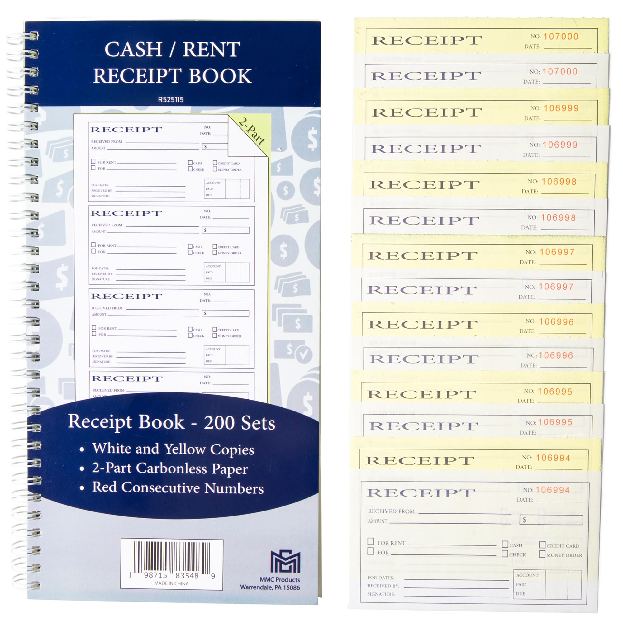 Libro de recibos de efectivo y alquiler, 200 juegos de recibos, 2 partes de papel autocopiativo, ideal para pequeñas empresas y propietarios