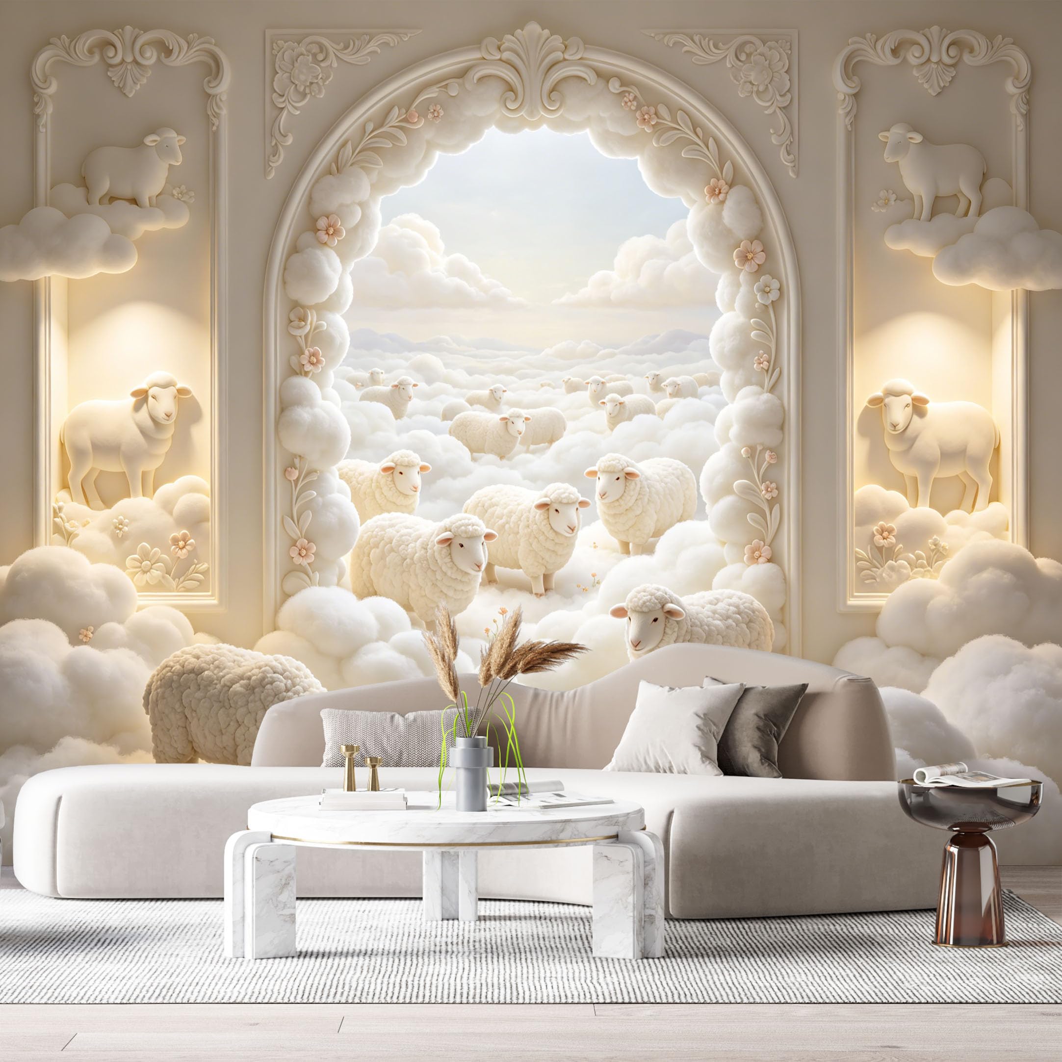 Custom Size Wall Murals Neoclassical Arch Clouds Sheep 3D Trompe L'Oeil SelfAdhesiveWall Fabric Removable Wallpaper Wall Decor for Living Room Bedroom Bathroom