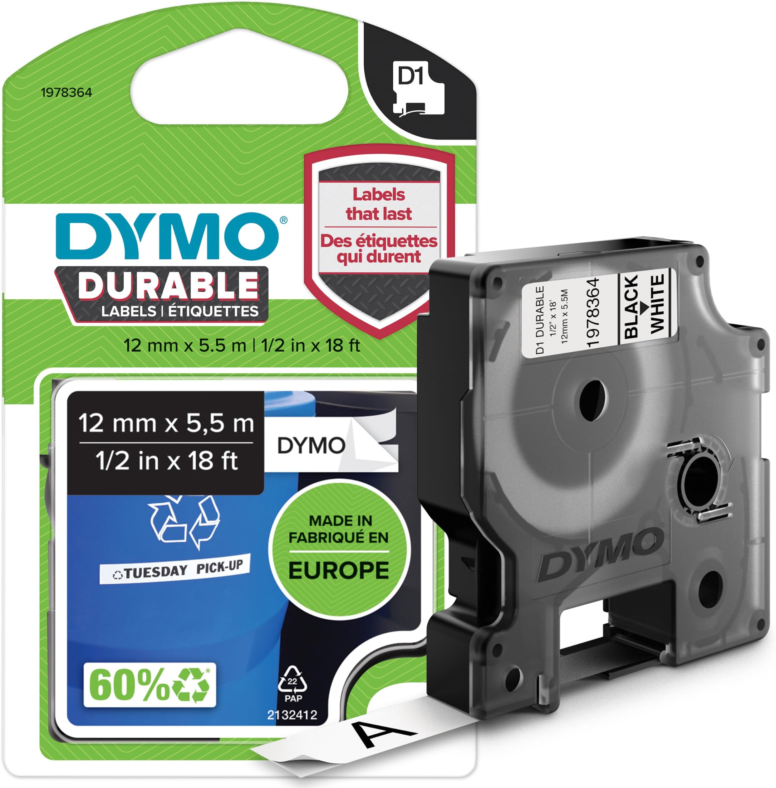 DYMO Authentic D1 Durable Labels | Black Print on White Tape | 12 mm x 5.5 m | High-Performance Label Tape for LabelManager Label Makers