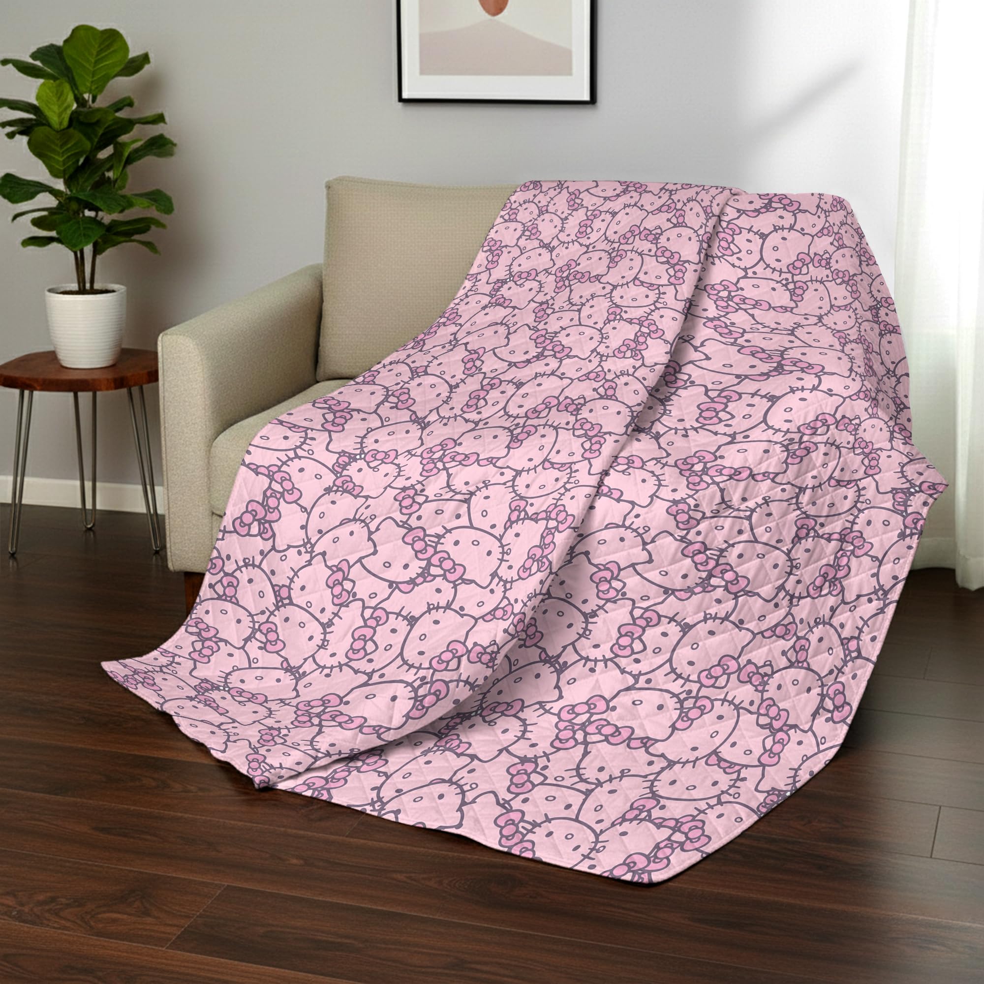 Northwest Sanrio Hello Kitty Reversible Quilted Throw, Kawaii Pink Pattern, Cozy &amp; Warm, for Anime Fans, Game Room, Chair or Couch, 60 x 80 Inches