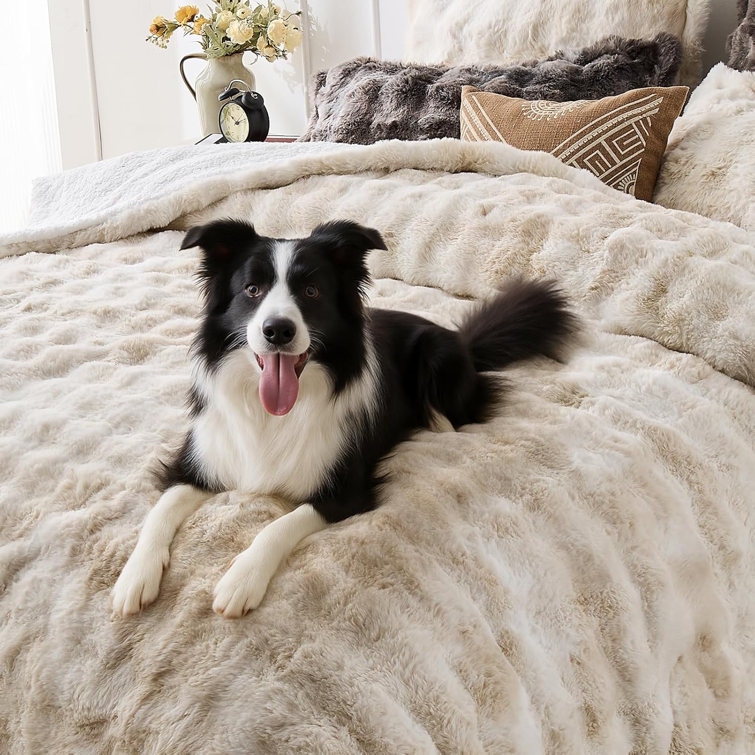 Peace nest Fluffy Rabbit Faux Fur Bedding Queen Comforter Set Ultra Soft Plush Winter Tie-Dye Bubble Sherpa Reversible Comforters 3 Pieces Sets with 1 Comforter 2 Pillow Shams Brown - Image 3