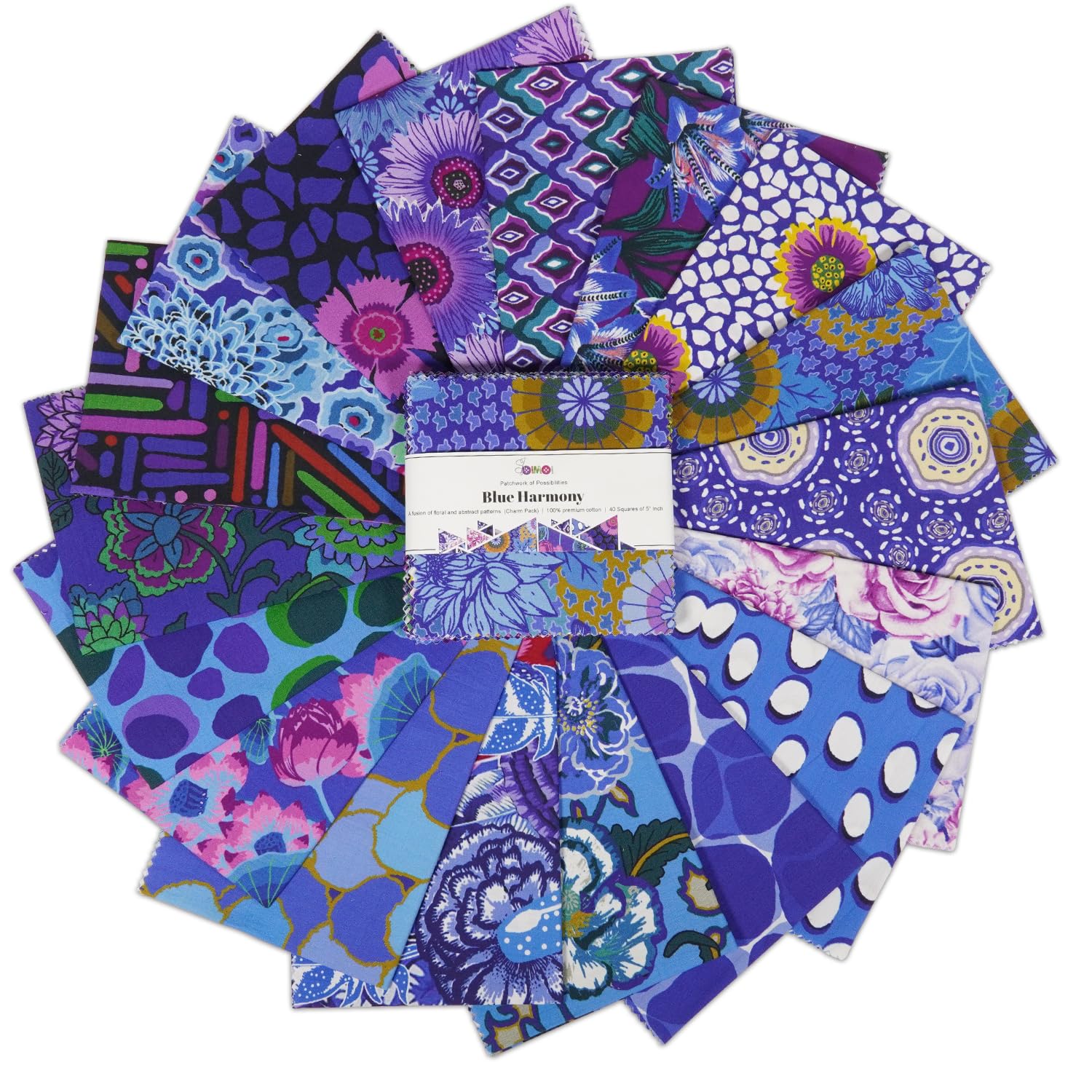 Soimoi 40 Pcs Cotton Fabric Squares Bundles Charm Packs for Quilting, Fat Quarter Layer Cakes, Precuts Quilt Squares 5 x 5 inches, DIY Fabric Bundle - Blue Harmony