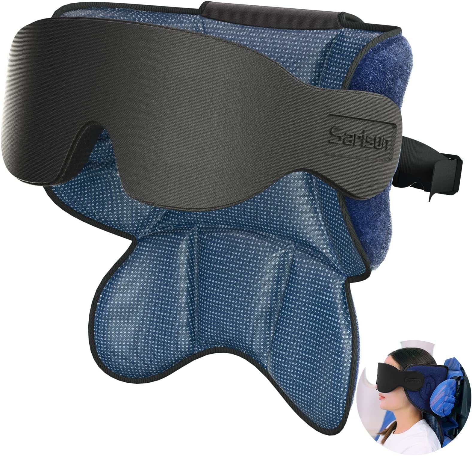 SARISUN Travel Pillows for Airplanes, Airplane Pillow with Sleep Eye Mask, 360° Support Headrest, Travel Essentials, Adjustable Airplane Head Strap for with/Out Headrest Seat, Mottled Blue