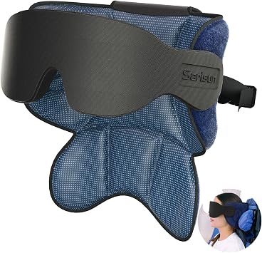 SARISUN Airplane Travel Pillow with Strap, Stable Head Support, MottledBlue | Adjustable head support with 3D eye mask for long flight, trains and road trips, Reduce head movement, stop bobblehead