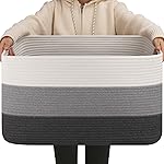 OIAHOMY Large Blanket Basket For Living Room, Rectangle Woven Baskets for Storage, Nursery Toy Storage With Handle-22x17x12-Gradient Dark Grey