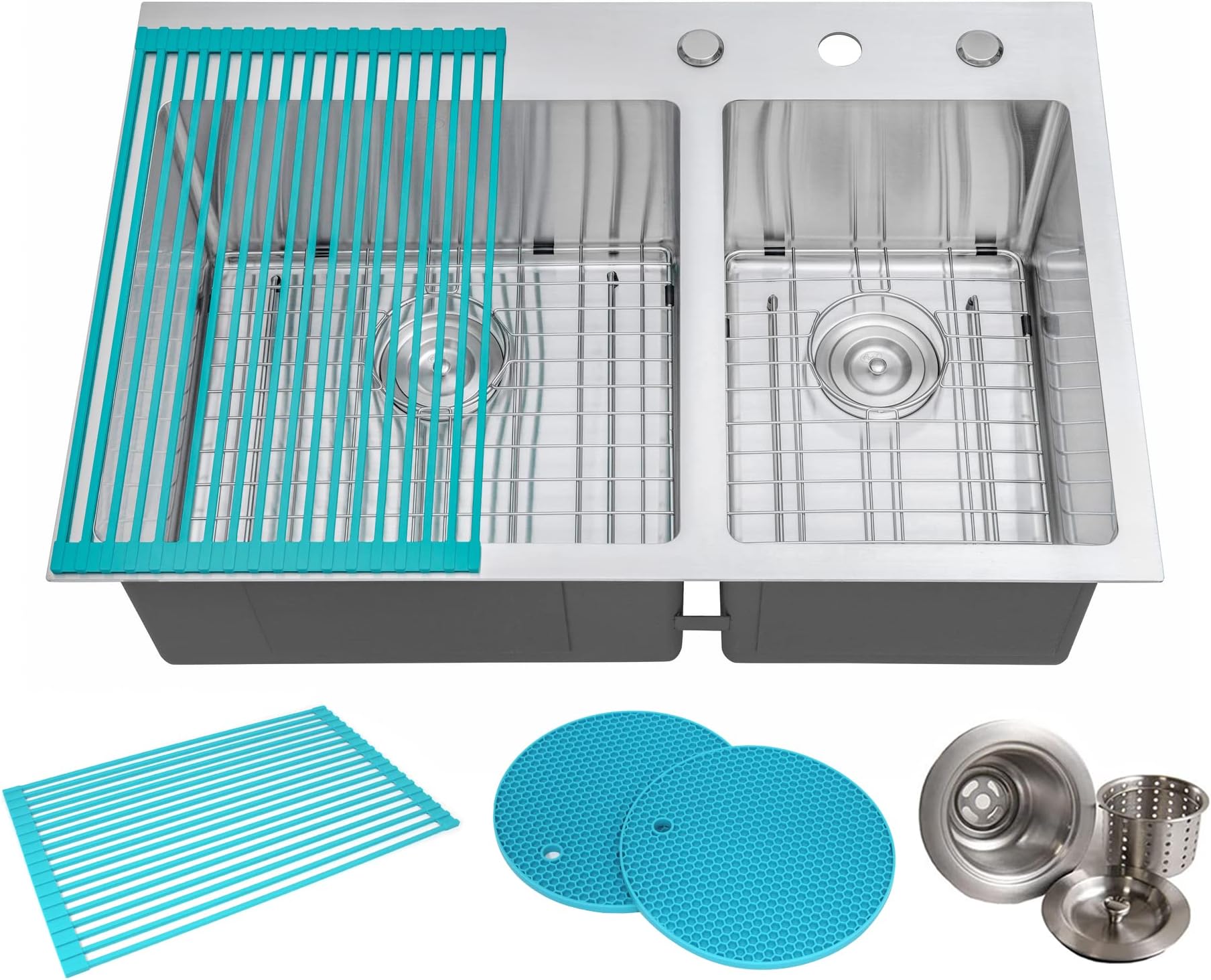 CozyBlock 33 Inches 16-Gauge Stainless Steel Topmout Drop-in 60/40 Double Bowl Kitchen Sink in Brushed Stainless Steel Finish with Bottom Grid Set, Silicon Dishrack, Pot Mat, and Strainer