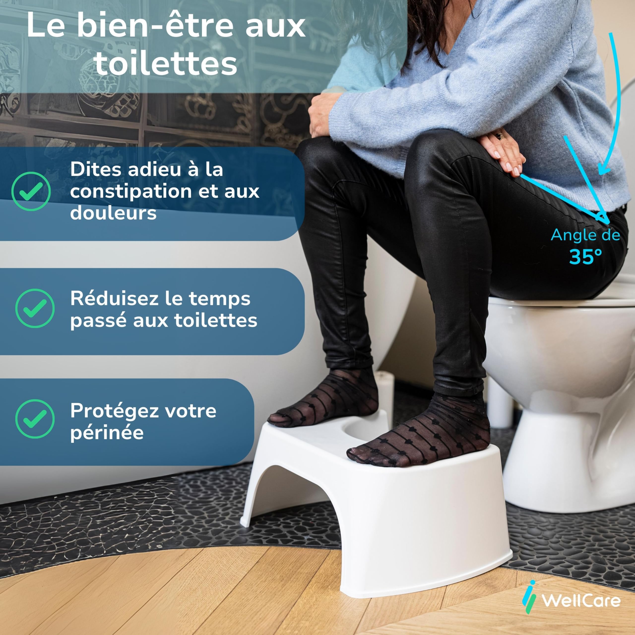 Tabouret de Toilette Physiologique Gris - Fabriqué en France en Plastique Recyclé - Marche Pied WC pour Adulte - Petit Banc Repose Pied pour Adopter la Position Squatty Anti Constipation