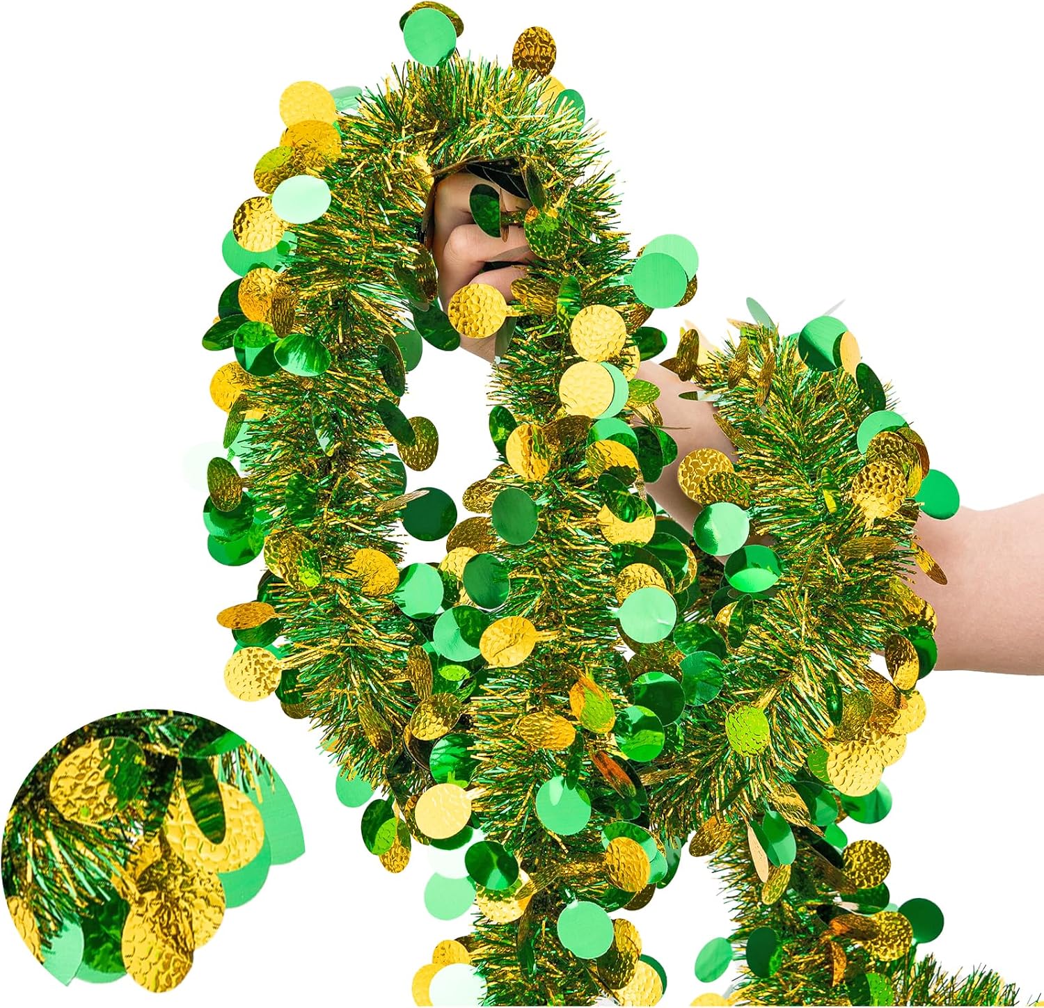 33FT St. Patrick's Day Tinsel Garland, Green Gold Metallic Twist Foil Tinsel Garland with Shiny Lucky Coin Ornament Hanging Garland for St. Patrick's Day Birthday Party Indoor Outdoor Decoration