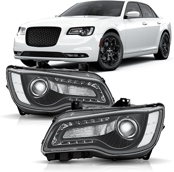 Headlights Assembly Compatible with 2011-2023 Chrysler 300 300C Halogen Model, Projector Headlamp w/LED DRL Driver & Passenger Side, Black Housing Clear