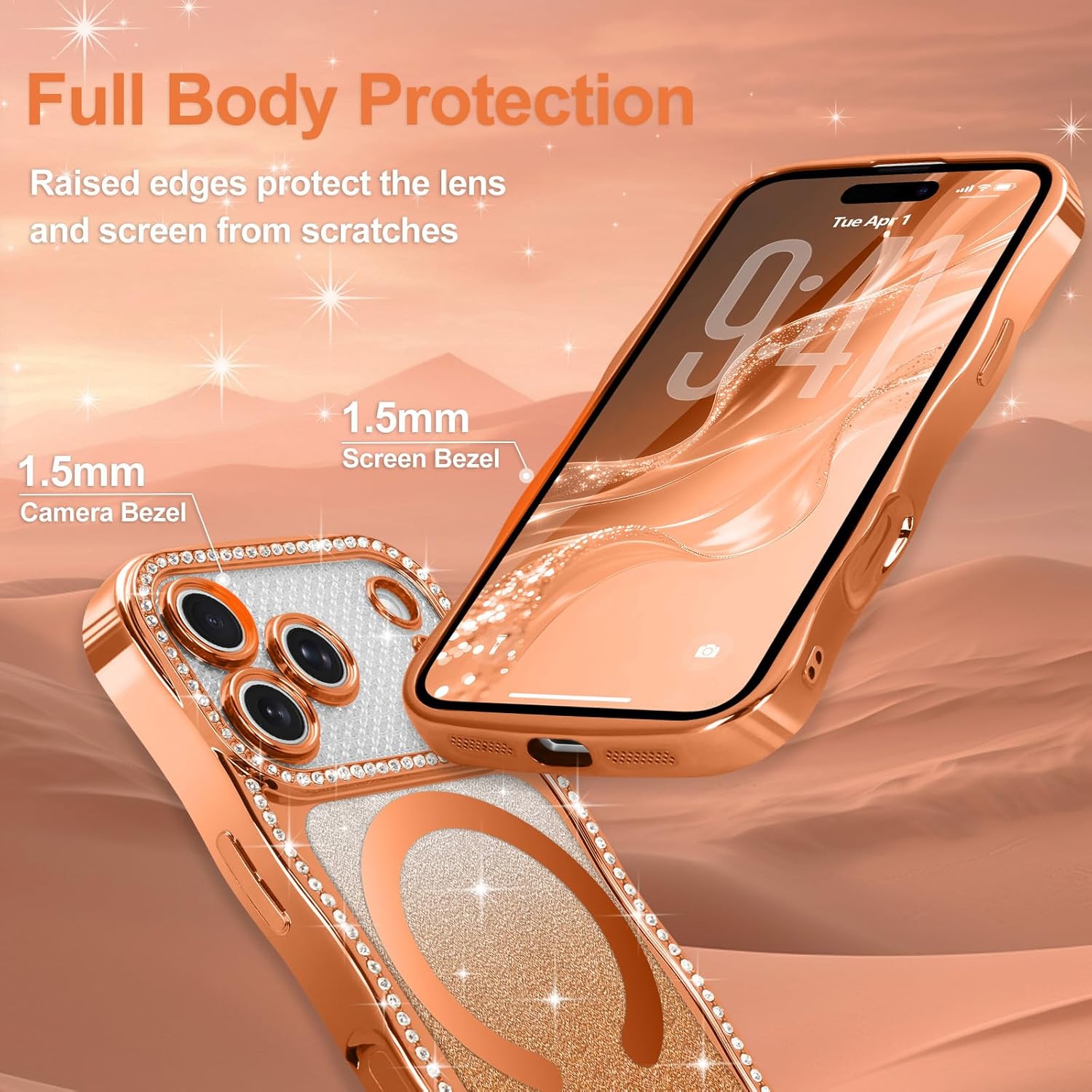 Lafunda Magnetic for iPhone 17 Pro Case, Glitter Clear Curly Wavy Edge Compatible with MagSafe Bling Sparkly Bumper Cover for Women Girls Shockproof Protective Phone Case for iPhone 17 Pro, Orange - Image 5