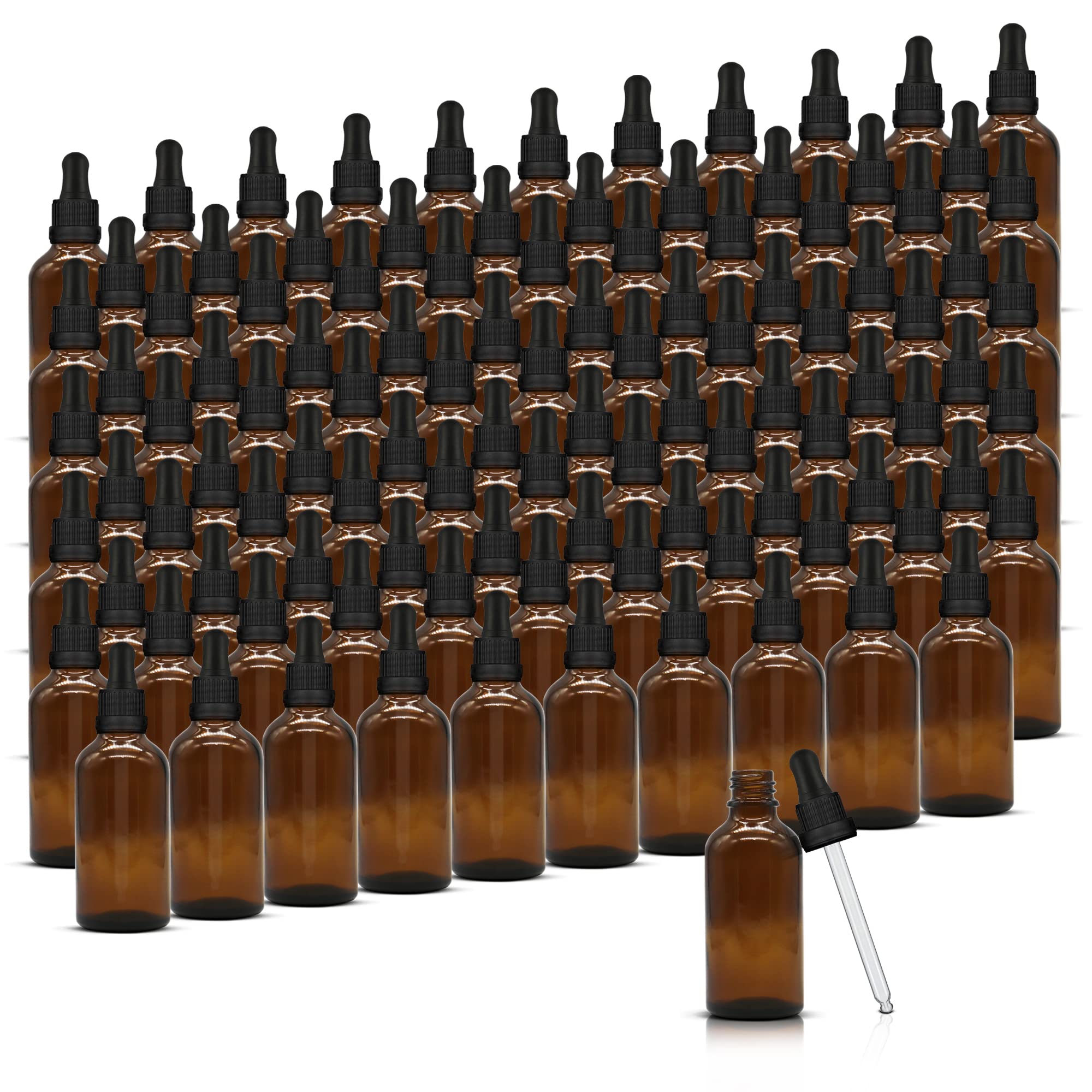 105 x 50 ml bernsteinfarbene Glasflaschen mit Glas-Augentropfer, manipulationssichere Pipetten, Großhandel, bernsteinfarbene Glas-Tropfflaschen, nachfüllbar, für ätherische Öle, Parfüm, Chemie, Labor