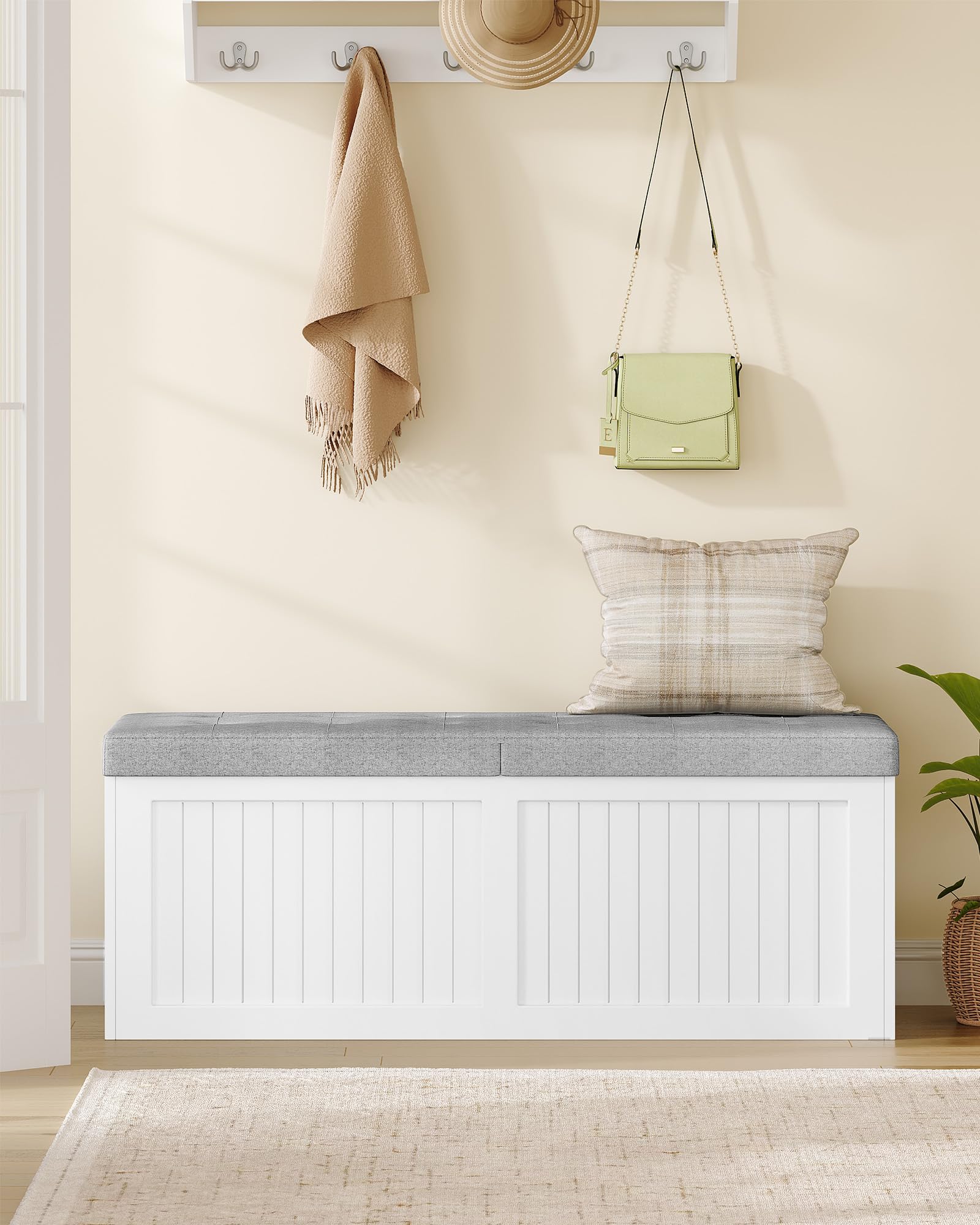 Hzuaneri Cassapanca contenitore da interno, Panca contenitore, Utilizzabile Come Portascarpe, con Cuscino in Lino, Adatta per Soggiorno, Ingresso e Atrio, 40 x 109 x 44,5cm, Bianco-Grigio SB01903GY