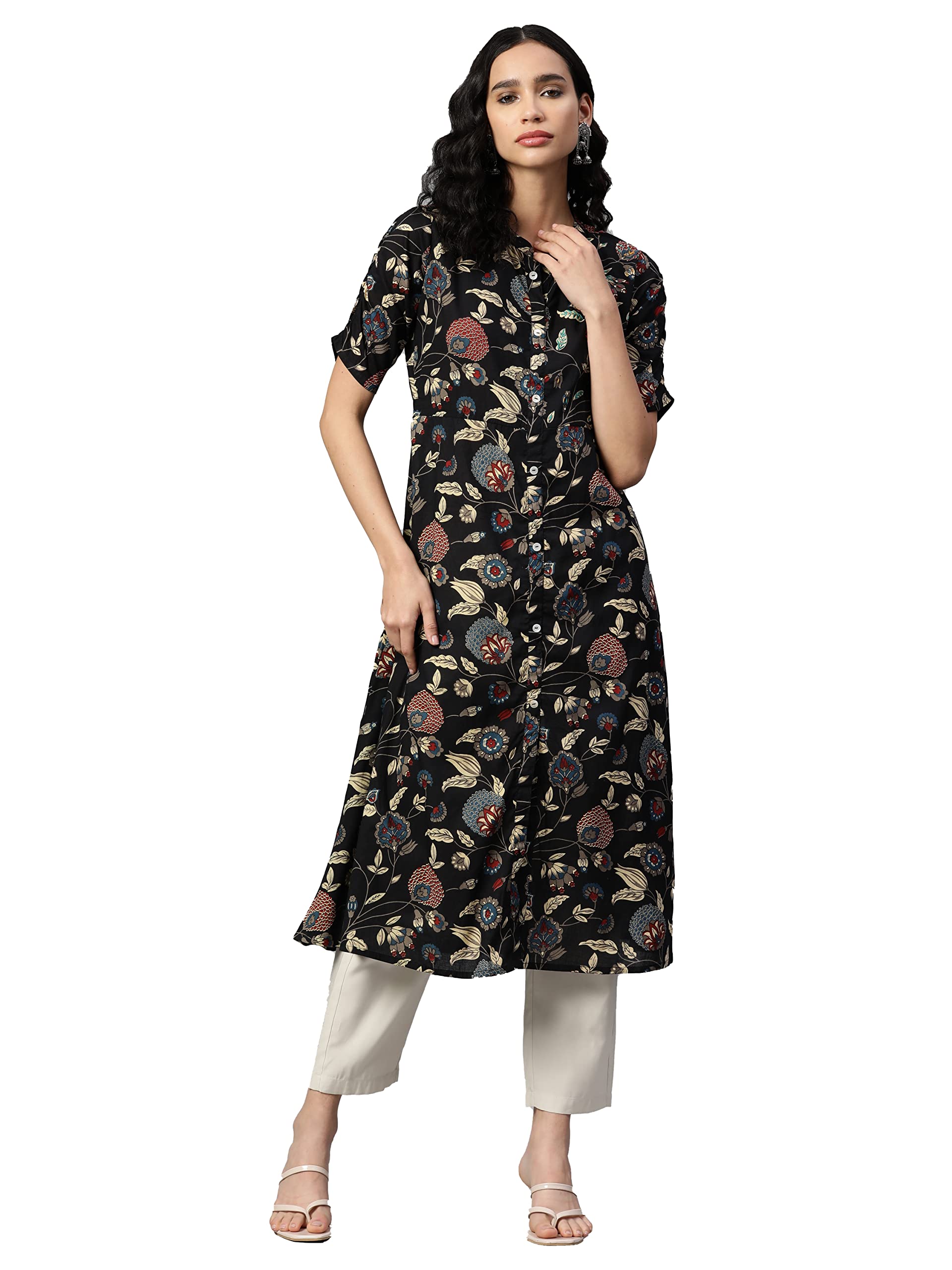 VbuyzWomen's Cotton Print & Hand Work A-Line Stitched Kurta