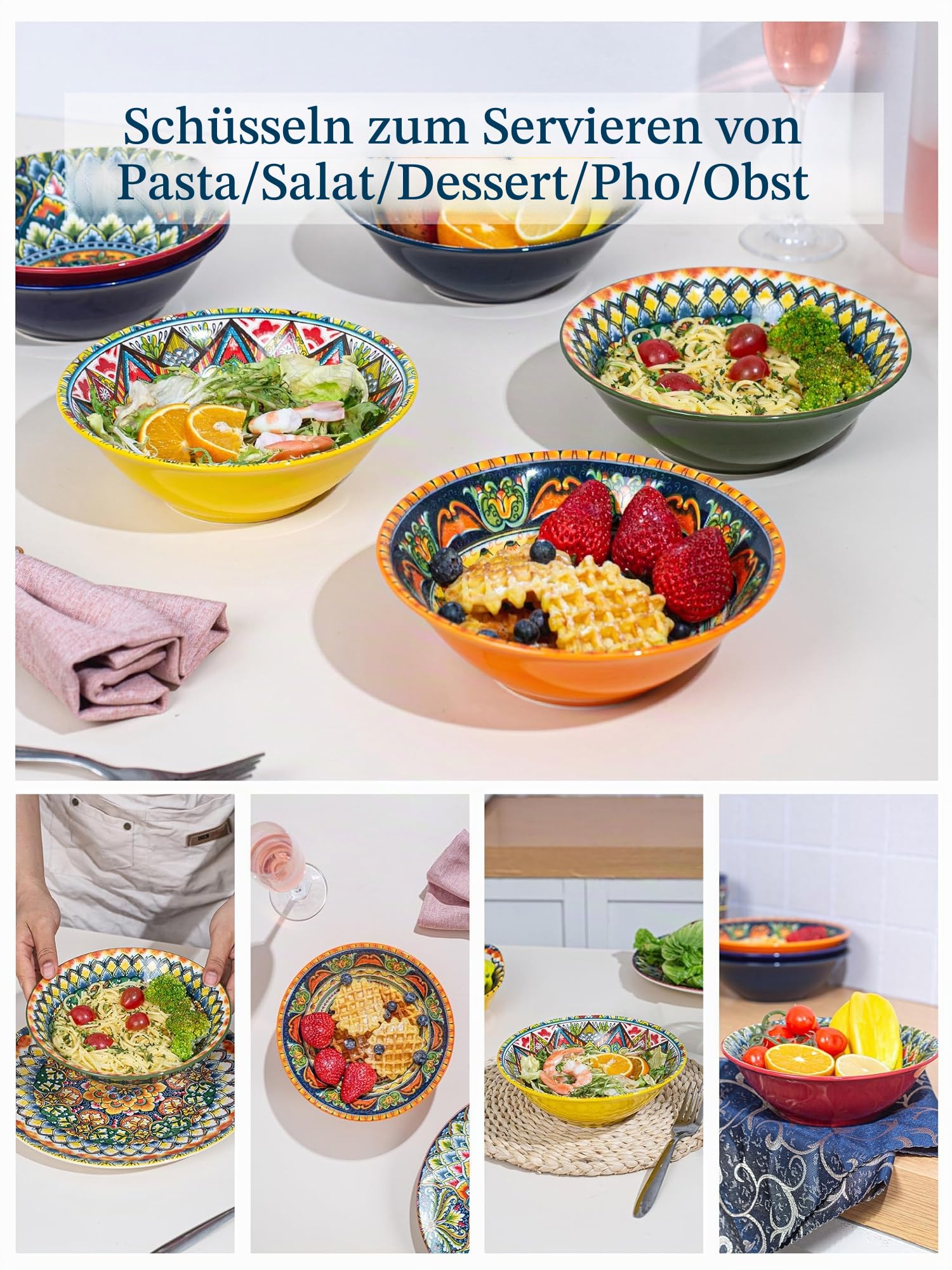Suppenschalen, Keramik Salatschüsseln mit 6 Stück, Bunte Servierschalen für Küche - 900ml, Suppenschüsseln/Ramen Schüssel für Suppe/Ramen/Nudel/Salat