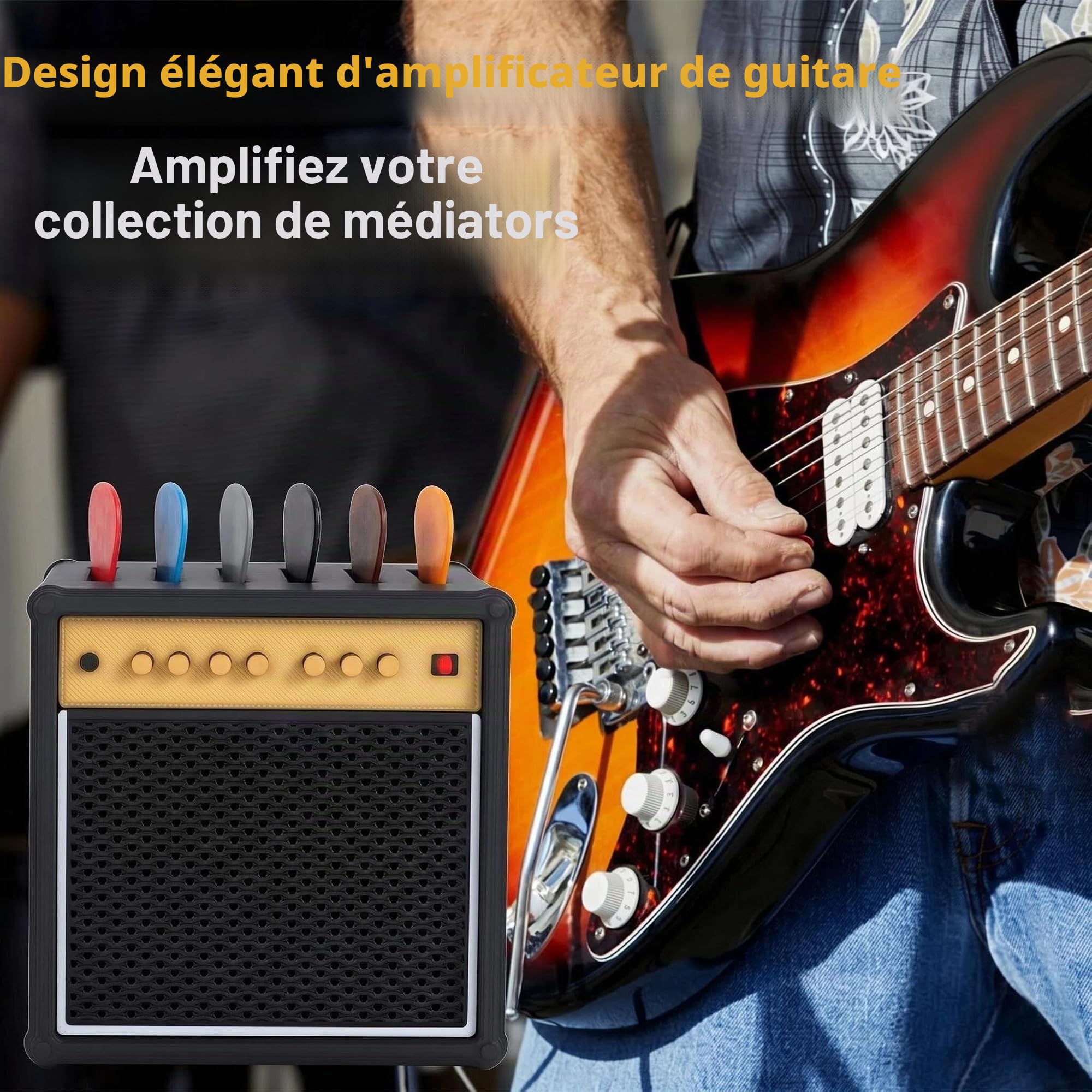 JYCSTE Boîte de rangement pour médiators, présentoir pour médiators, présentoir pour médiators en forme d'enceinte d'amplificateur avec 5 médiators en celluloïd