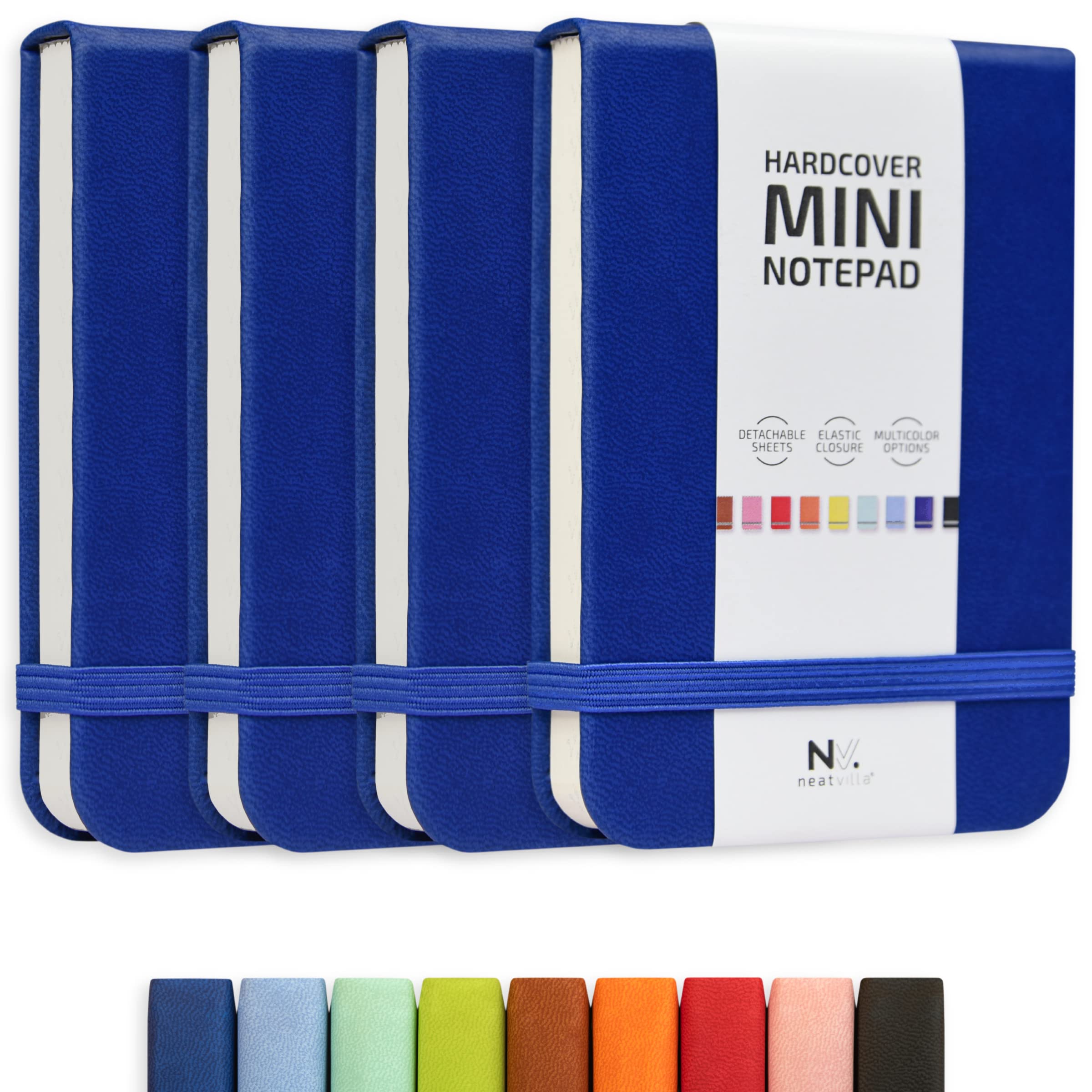 NeatVilla Tiny Notebook 3x4 Small Notepad Pocket Size, A7 Leather Hardcover Mini Notebook, Tear Off Sheet Tiny Notepad with Elastic Band, 4 Pack Mini
