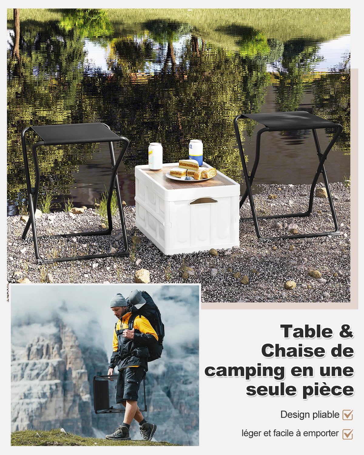 eSituro Table Pliante 2 en 1 d'Appoint avec Plateau Amovible, Tabouret Portable pour Camping Extérieur, 40,5x40,5x50cm, Noir