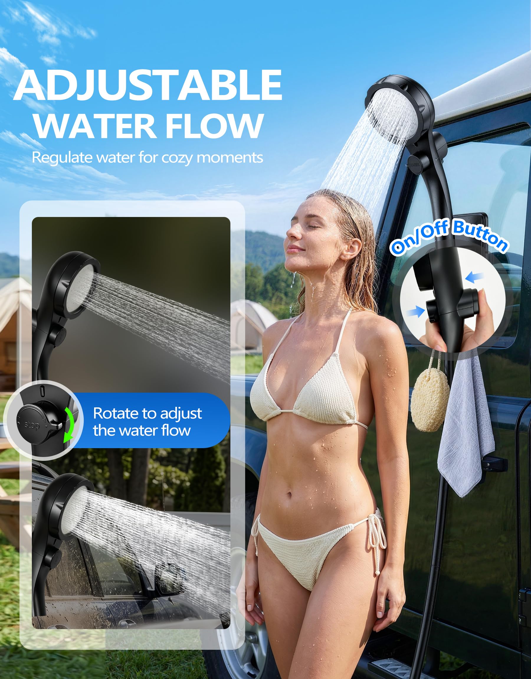LuxBlue Ducha Portatil Camping, Recargable Ducha Portatil Bateria 6000mAh, Duchas Camping Bomba con LED Pantalla de Temperatura&Batería, Alcachofa y Manguera 2M, Duchas Portatiles para Campings, Playa