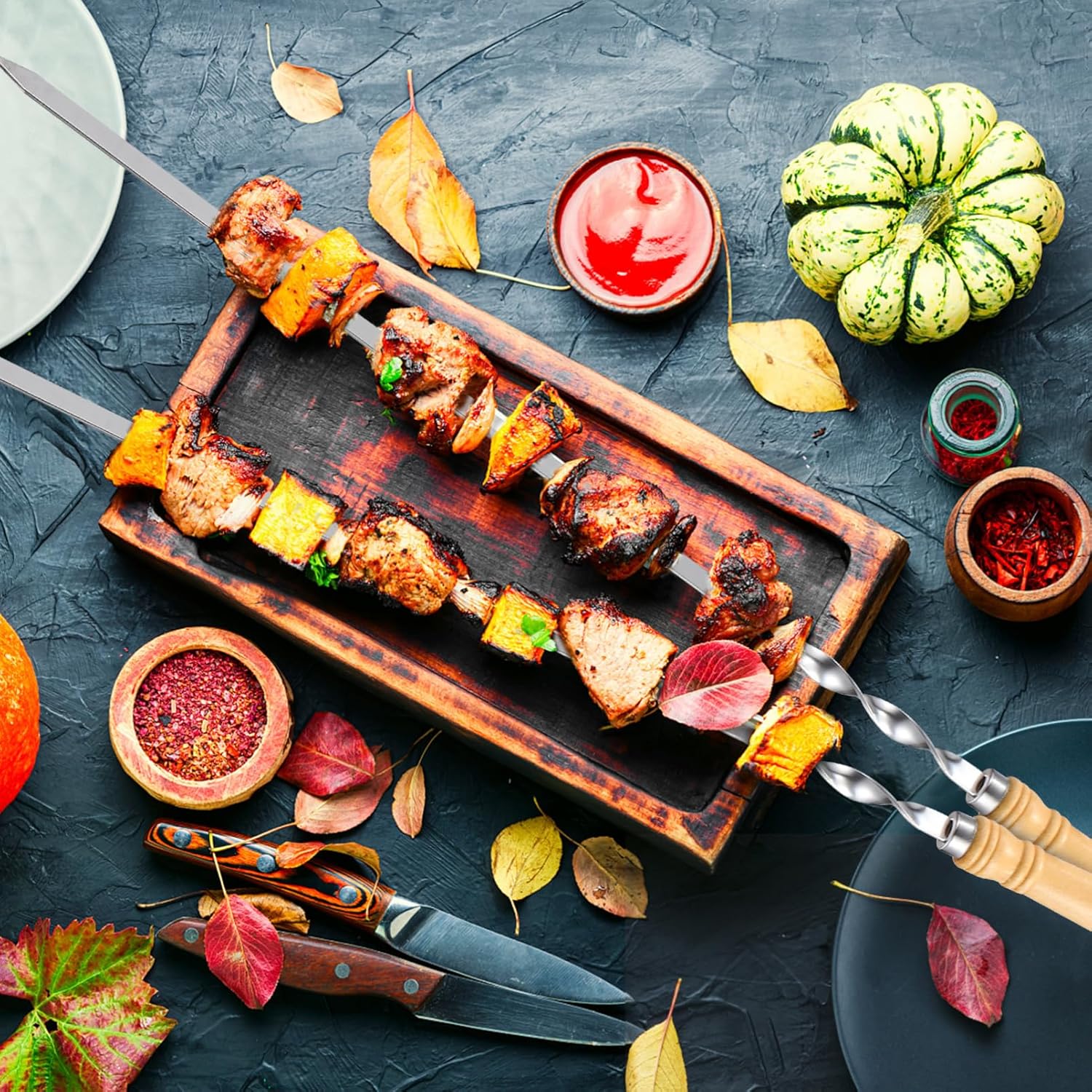 Mipcase 18pcs Bbq Skewers Wooden Handle Flat Sticks for Grilling Bbq Accessories