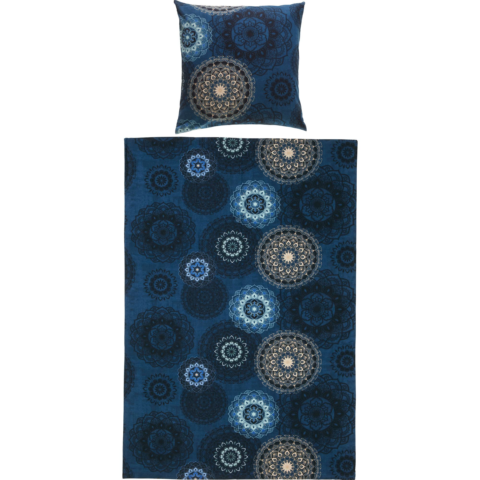 Erwin Müller Bettwäsche Sparpaket 4-TLG. Mako-Satin Mandala dunkelblau Größe 80x80 cm / 135x200 cm - feinfädig, temperaturausgleichend, atmungsaktiv, 100% Baumwolle, mit Reißverschluss