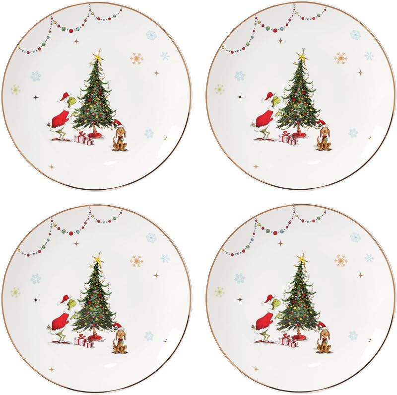 Lenox Merry Grinchmas Porcelain Christmas Dinner Plate Set for 4 | dishwasher safe, microwave safe | 10.75 inch diameter | collectible gift for grinch fans | 1 inch, gift for women