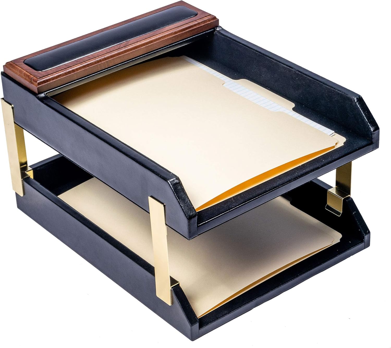 Dacasso Walnut & Leather Double Letter Trays (A8420), Black, Brown