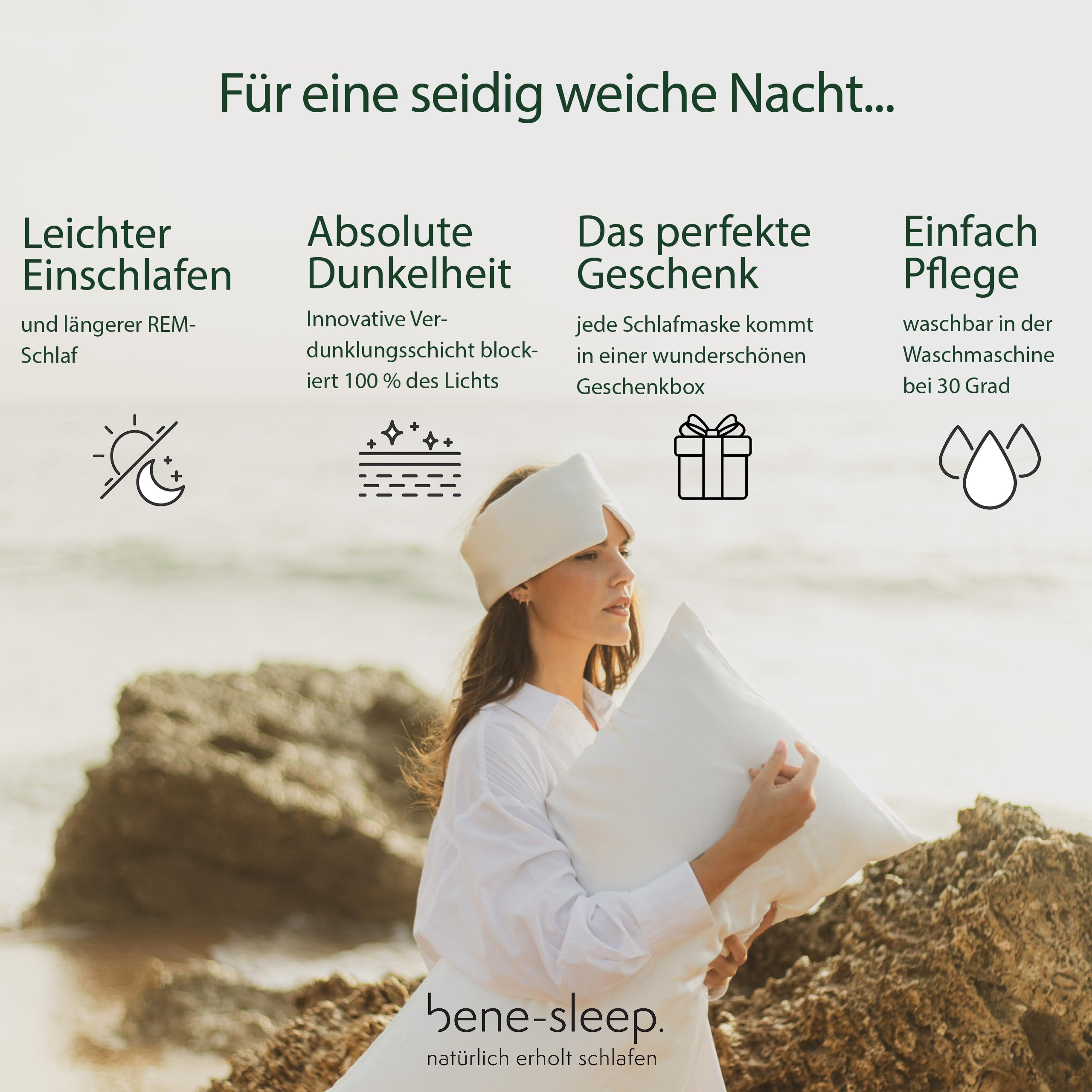 Premium Seidenschlafmaske – 100% lichtdicht – Weiche Polsterung – Hautfreundlich Augenbrille für erholsamen Schlaf – Für längeren REM-Schlaf und schnelleres Einschlafen (Schwarz)