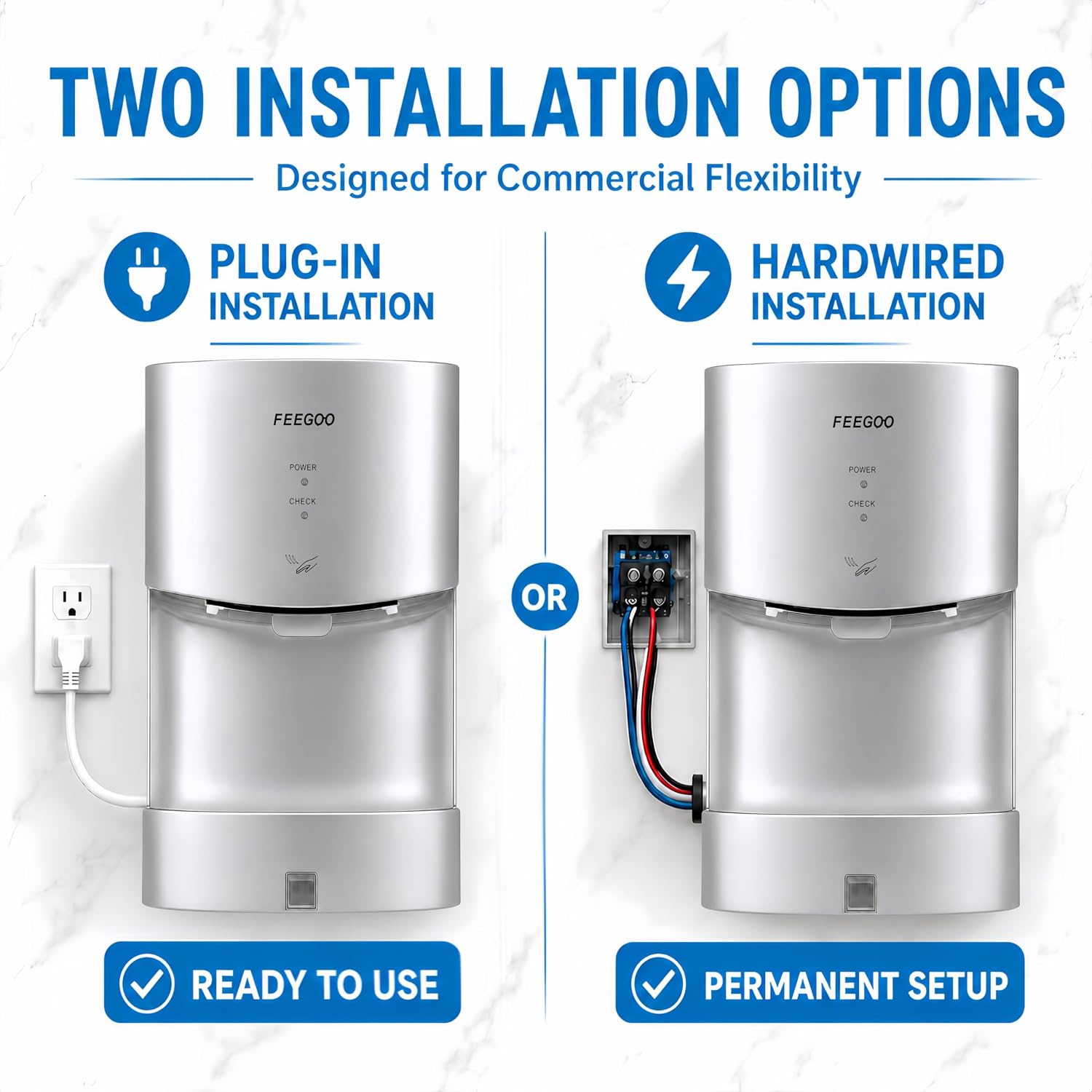 Commercial Wall‑Mounted Hand Dryer with Drip Tray, 110V 1300W High‑Speed, Adjustable Hot/Cold Air, Low Noise, Compact Silver — Ideal for Bathrooms & High‑Traffic Areas
