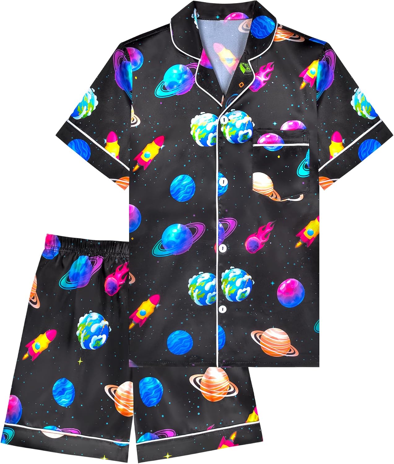 PASHOP Boys Pajamas Boys Satin Pajamas Set Summer Short Sleeve Button-Down & Shorts Pjs Kids Boy Silky Pajama Size 8-14