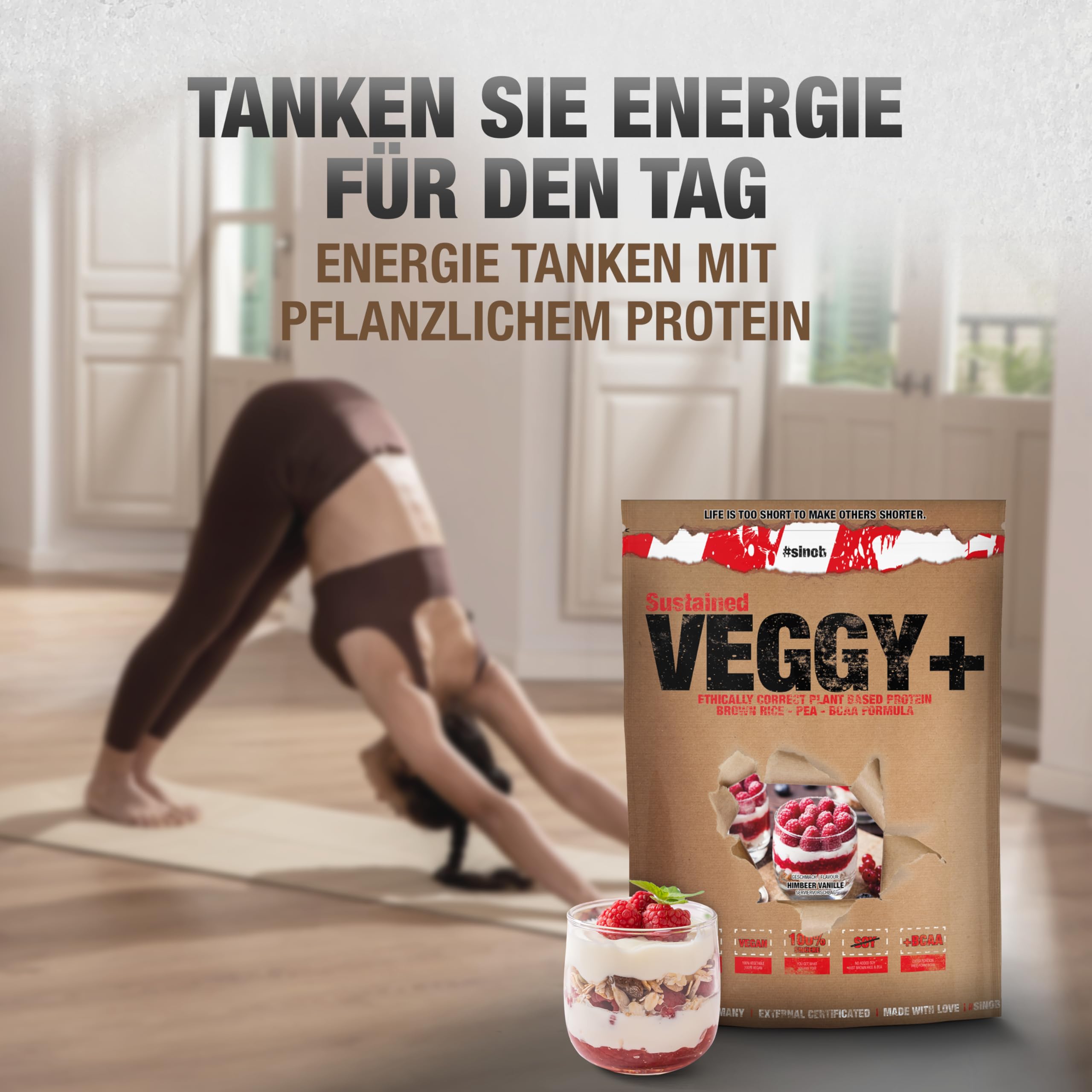 Veggy+ Veganes Proteinpulver (Vanille Himbeere) aus Reis- und Erbsenprotein Pulver mit vegan BCAAs 1 x 900 g Protein Pulver für Veganer. Mehrkomponenten Protein Pulver 70 prozent Eiweiss