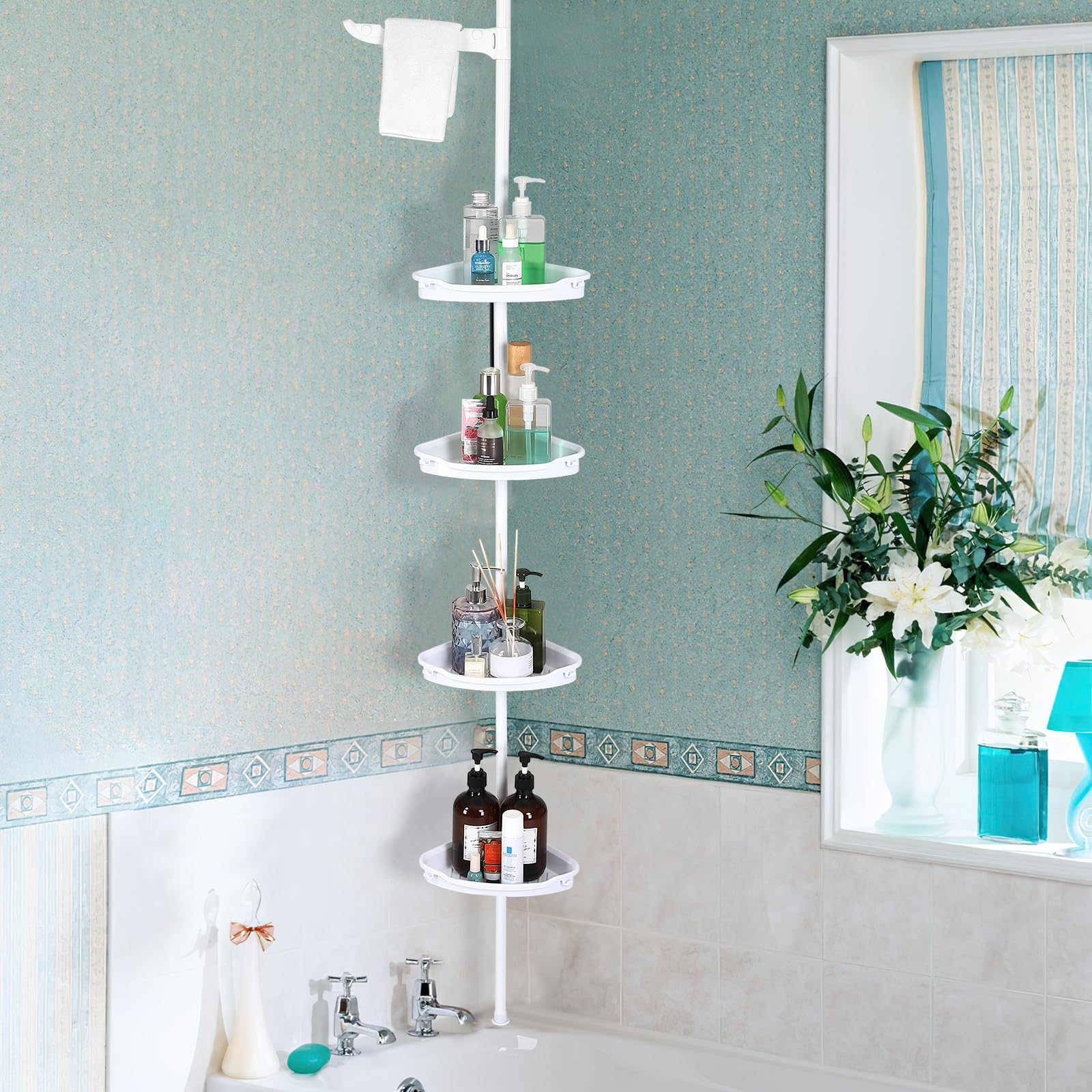 Cibeat Corner Shower Caddy for Bathroom 4 Adjustable Shelves With Towel Bar Hooks Tension Pole for Bath and