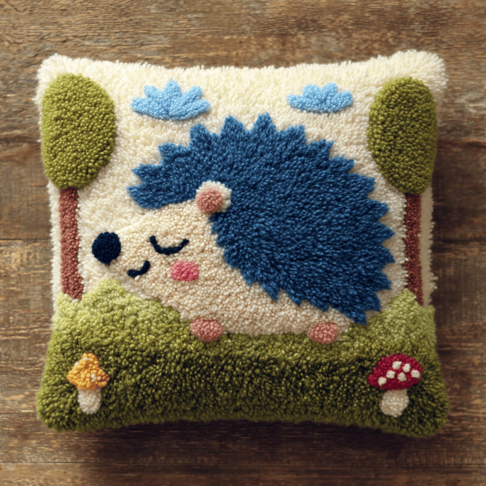 Taxpy Beginner Friendly Latch Hook Cushion Kit,Animal Hedgehog,17x17in Pillow Cover with Printed Canvas,Complete DIY Craft Set with Soft Yarn,Hook and Instructions