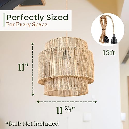 Miniatura 3 de Lámpara colgante de yute enchufable, lámpara colgante de mimbre natural con interruptor regulable de 3 vías, lámpara de techo colgante para isla de