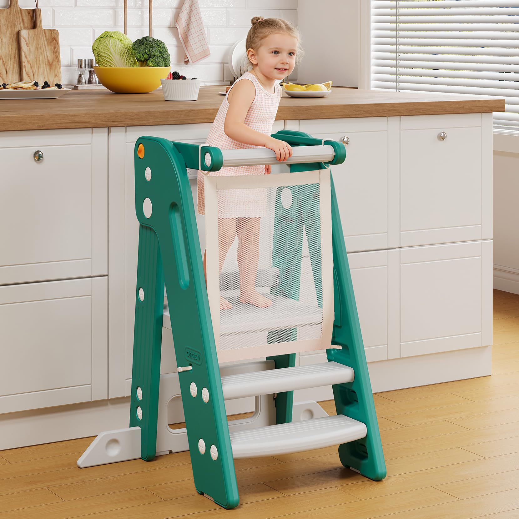 Onasti Green+Grey Toddler Learning Tower, Toddler Tower Foldable With Safety Bar, Adjustable Height, Kitchen Stool For Kids With Handles, Non-Slip, For Kitchen Counter Bathroom Sink (Green)