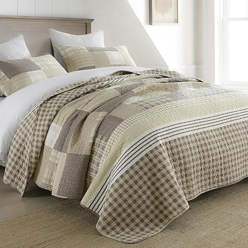 Miniatura 2 de Juego de ropa de cama 100% algodón Fashions Farmhouse Coffee Plaid Patchwork reversible, suave y ligero, colcha (cuadros marrones, Queen, 3 piezas)