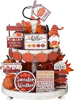 13 Pcs Fall Tiered Tray Decor Set Thanksgiving Decorations Autumn Harvest Wooden Signs Fall Tray Signs Fall Wood Blocks Maple Leaf Pumpkin Tabletop Signs Fall Decor for Home Shelf Table Decor